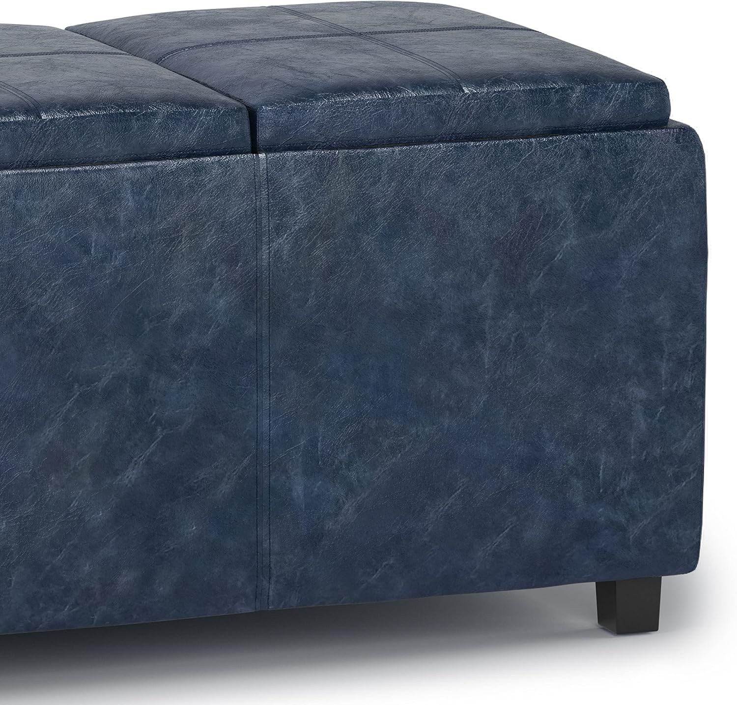 SIMPLIHOME Avalon Storage Ottoman - 42 inch Wide Upholstered Vegan Leather Rectangular Flip-Top Ottoman in Denim Blue, Contemporary Coffee Table Ottoman for Living Room with Hidden Storage