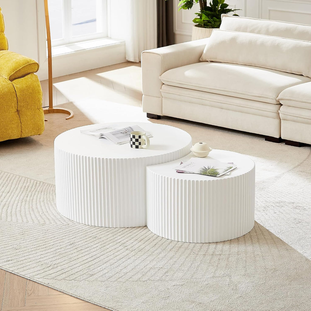 JUSTONE White Round Coffee Table Set of 2,Modern Luxury Nesting Coffee Table for Living Room,Wood Circle Drum Coffee Table for Small Spaces No Assembling (Matte White)