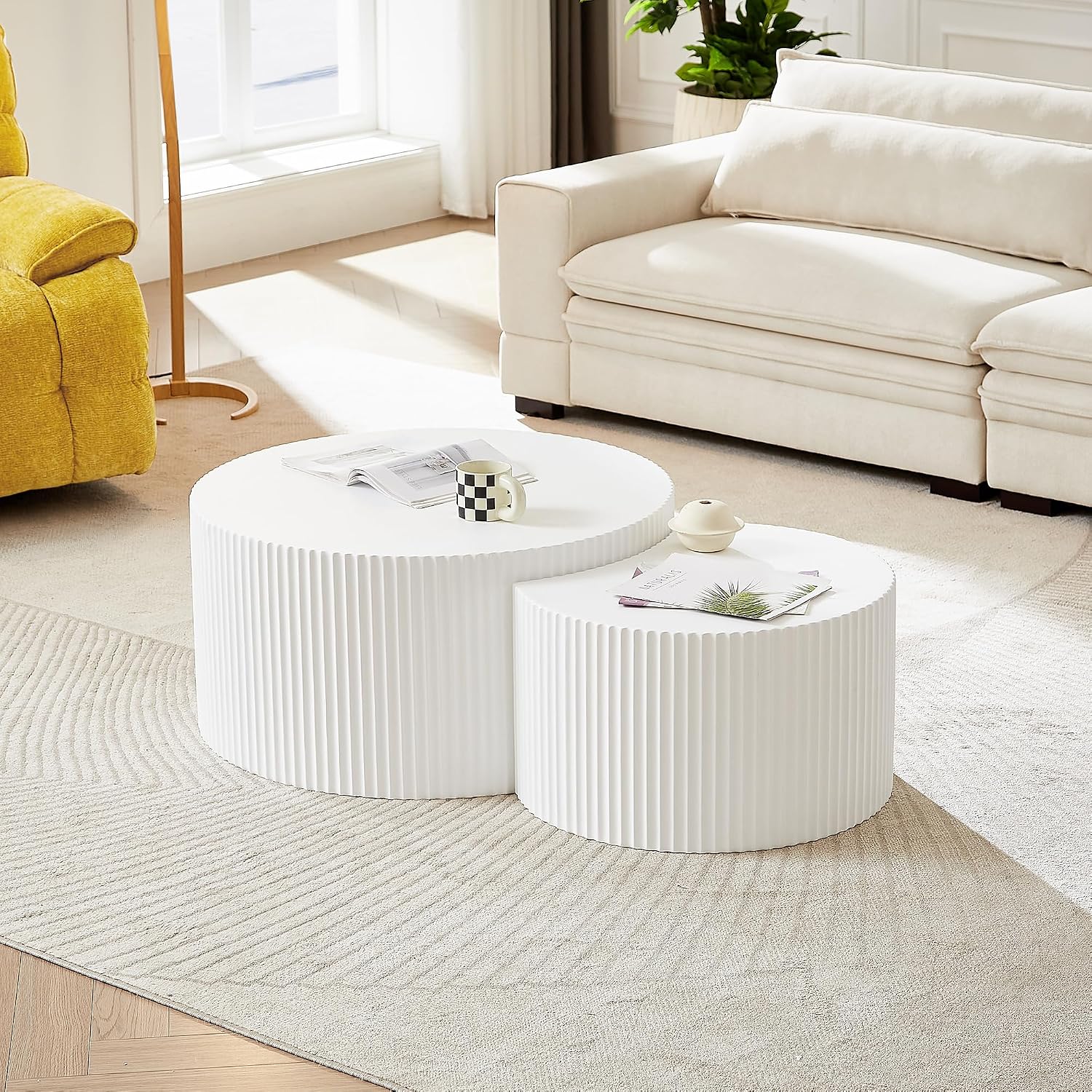 JUSTONE White Round Coffee Table Set of 2,Modern Luxury Nesting Coffee Table for Living Room,Wood Circle Drum Coffee Table for Small Spaces No Assembling (Matte White)