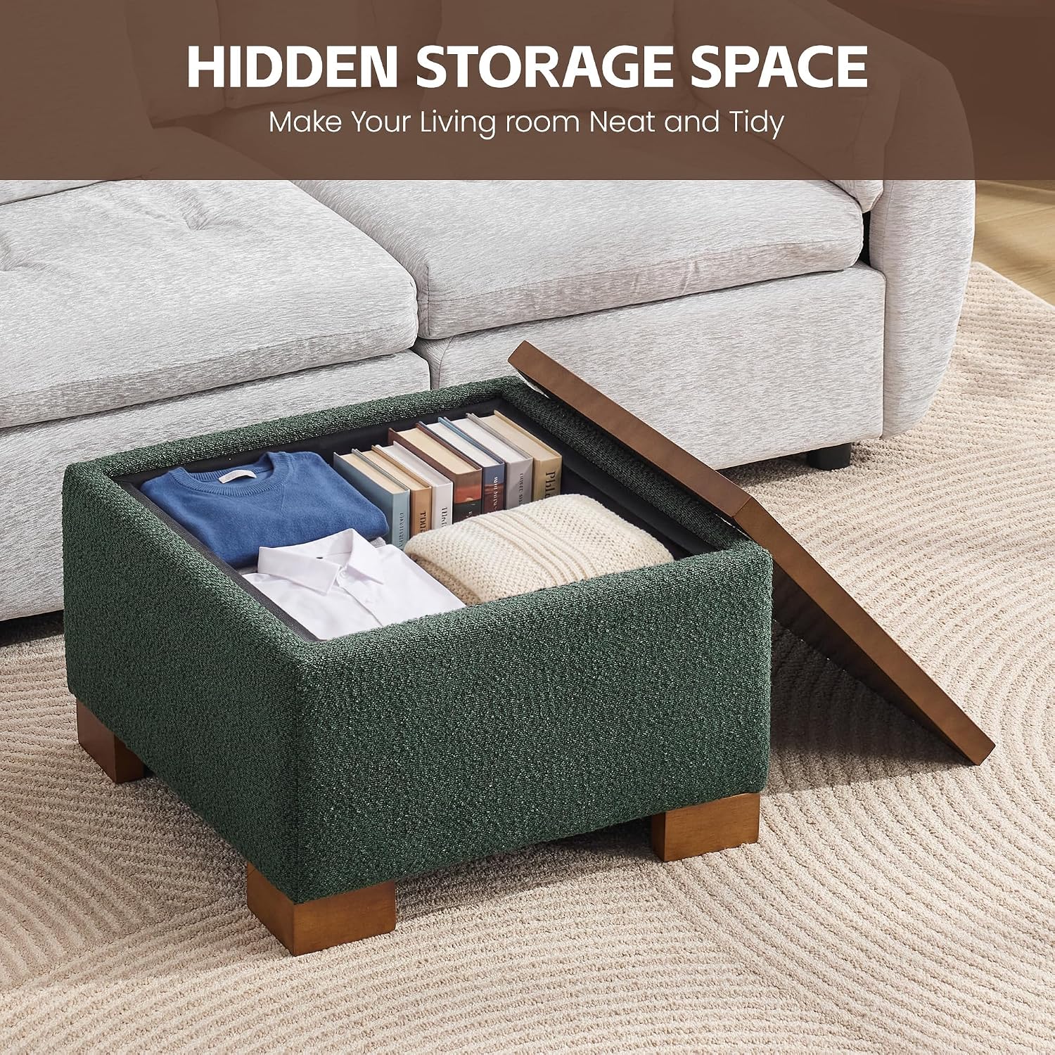 WUTUTUEE 24' Square Ottoman Coffee Table with Storage, Boucle Ottomans with Tray and Solid Wood Legs for Living Room, Bedroom and Apartments, Small Modern Ottoman Tea Table with Lift-Off Lid, Green