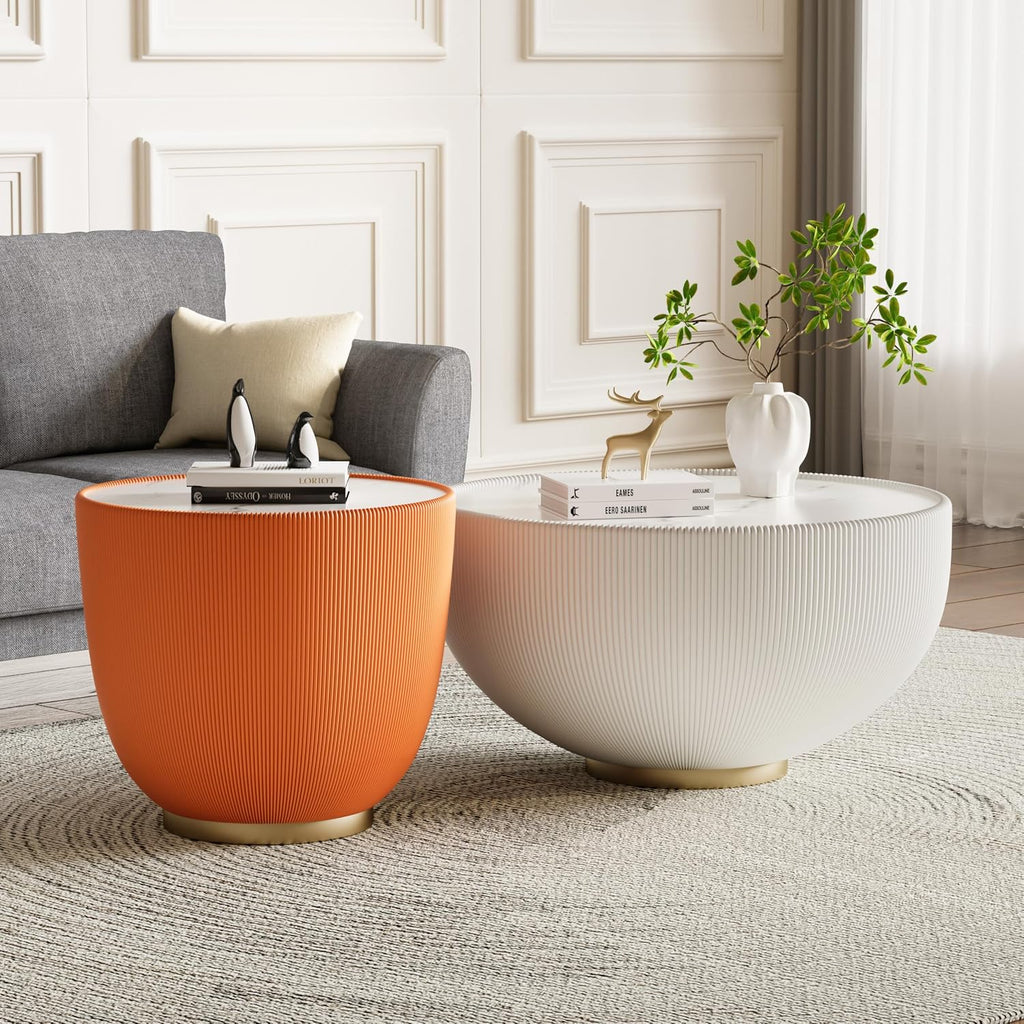 Orange Round Coffee Table with Sintered Stone Tabletop, 19.69 Drum Coffee Table with Fluted PU Leather Covered and Metal Base, Circle Cocktail Tea Table for Living Room