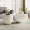 Round Coffee Table Set with Sintered Stone Tabletop, 27.56' White Drum Center Table and 19.69' White Coffee Table Set, 2 Pieces Living Room Table Set with Fluted PU Leather Cover& Metal Base