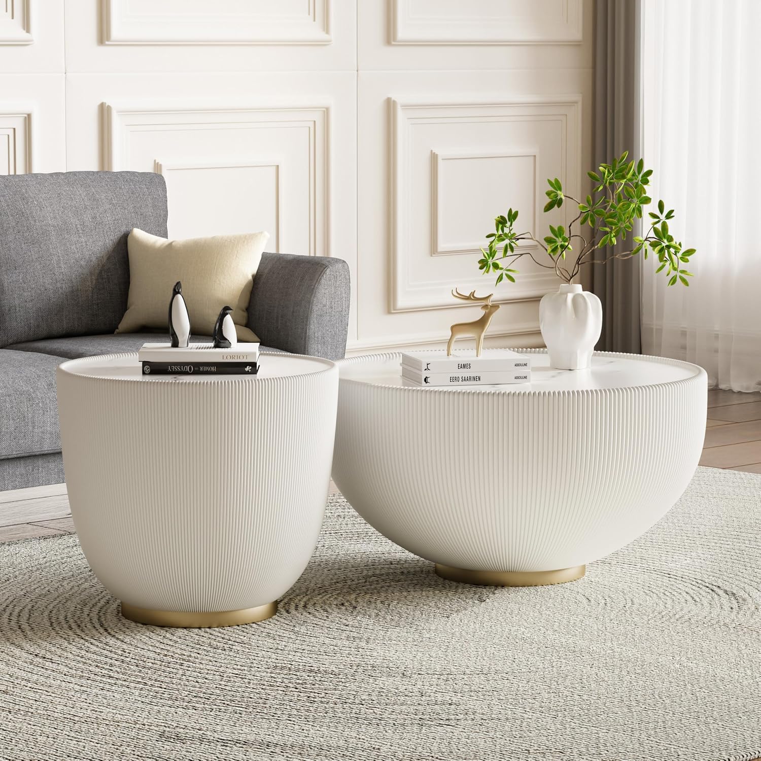 Round Coffee Table Set with Sintered Stone Tabletop, 27.56' White Drum Center Table and 19.69' White Coffee Table Set, 2 Pieces Living Room Table Set with Fluted PU Leather Cover& Metal Base