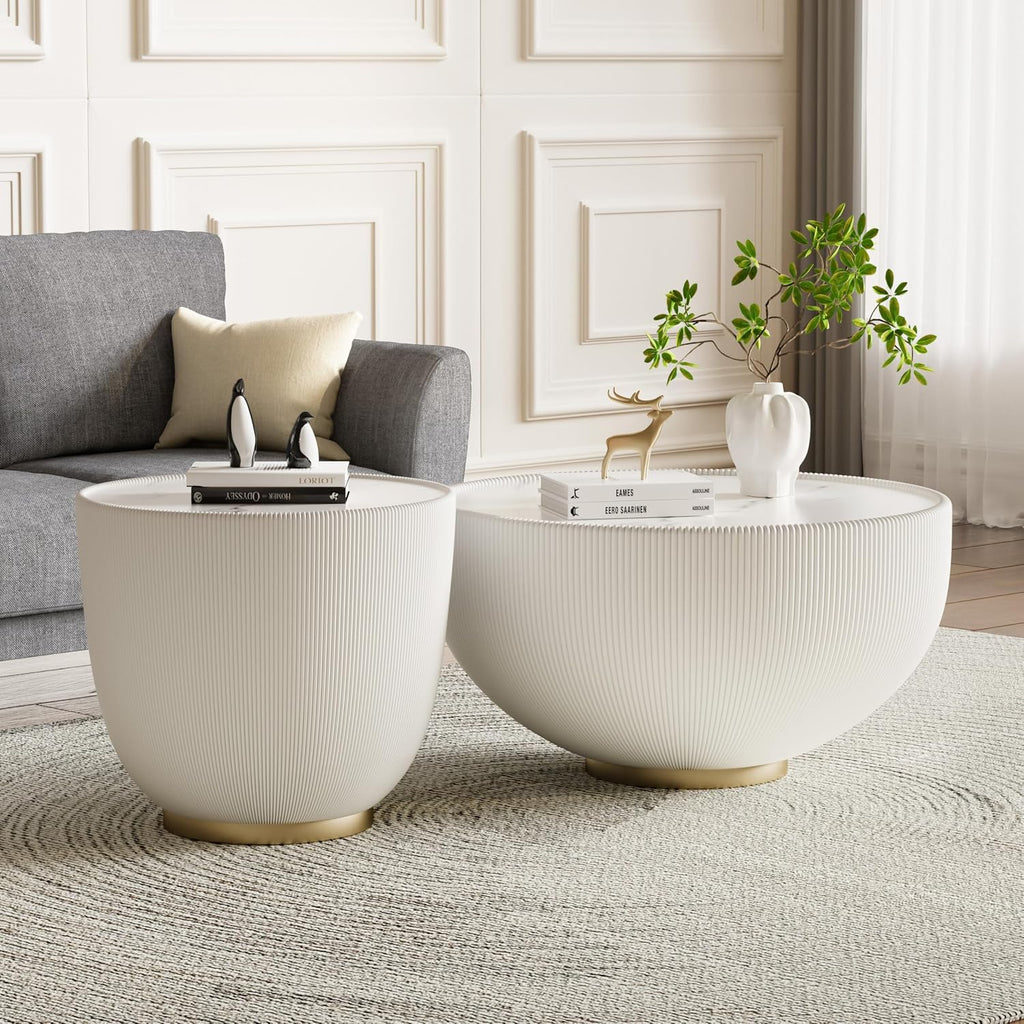 White Round Coffee Table with Sintered Stone Tabletop, 19.69 Drum Coffee Table with Fluted PU Leather Covered and Metal Base, Circle Cocktail Tea Table for Living Room