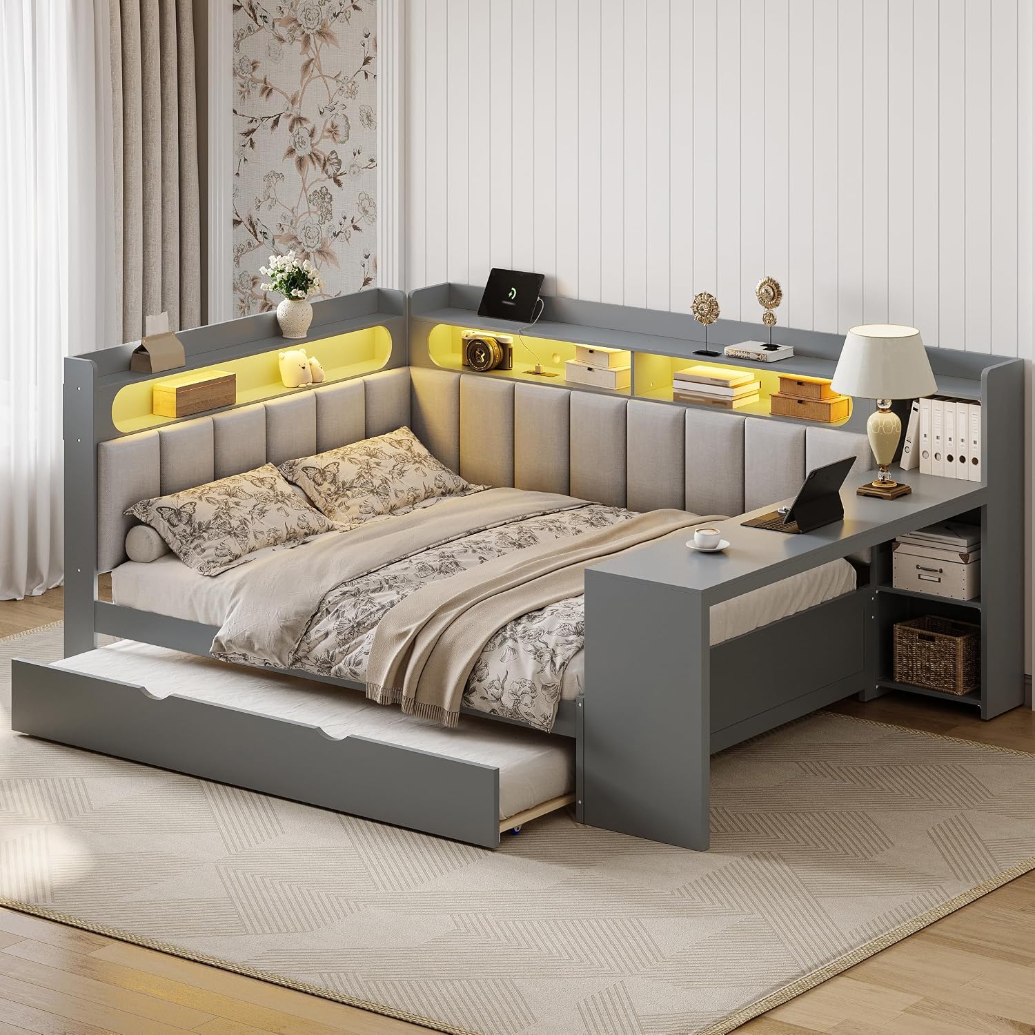 Wood Full Size Daybed with Storage Shelves and Desk, L-Shaped Corner Platform Bed Frame with Upholstered Headboard and Trundle for Office Living Room Bedroom, Space-Saving (Gray-1.16t)