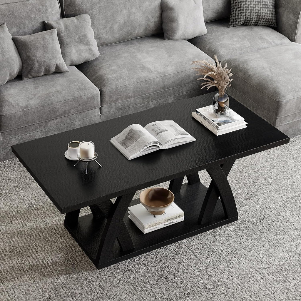FROMJBEST Farmhouse Coffee Table with Shelf, Mordern CoffeeTable, Black Coffee Table Living Room, Living Room Tables,47' Black with Grey