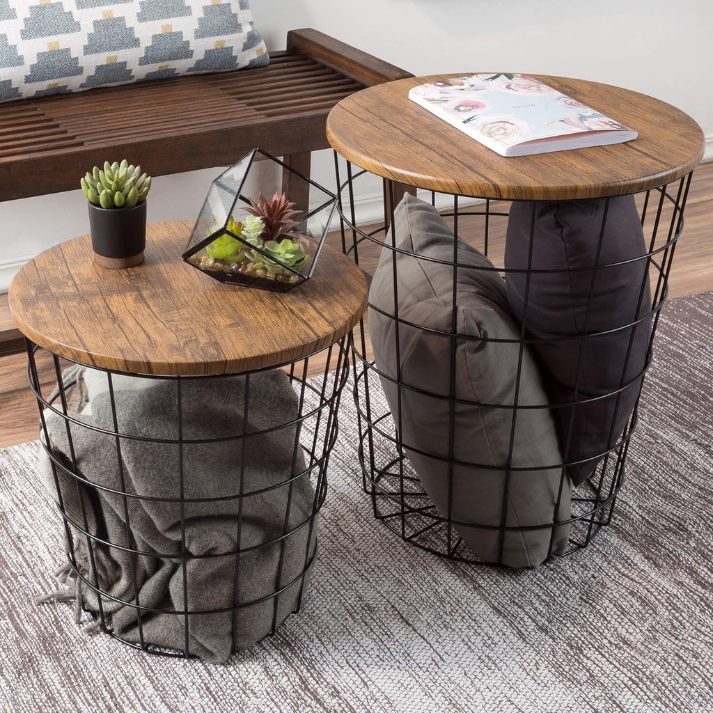 Lavish Home End Tables Set of 2 - Nesting Tables with Removable Wood Tops and Metal Basket Bases for Blanket Storage - Round Side Pieces for Living Room, Bedroom, or Home Office (Brown/Black)
