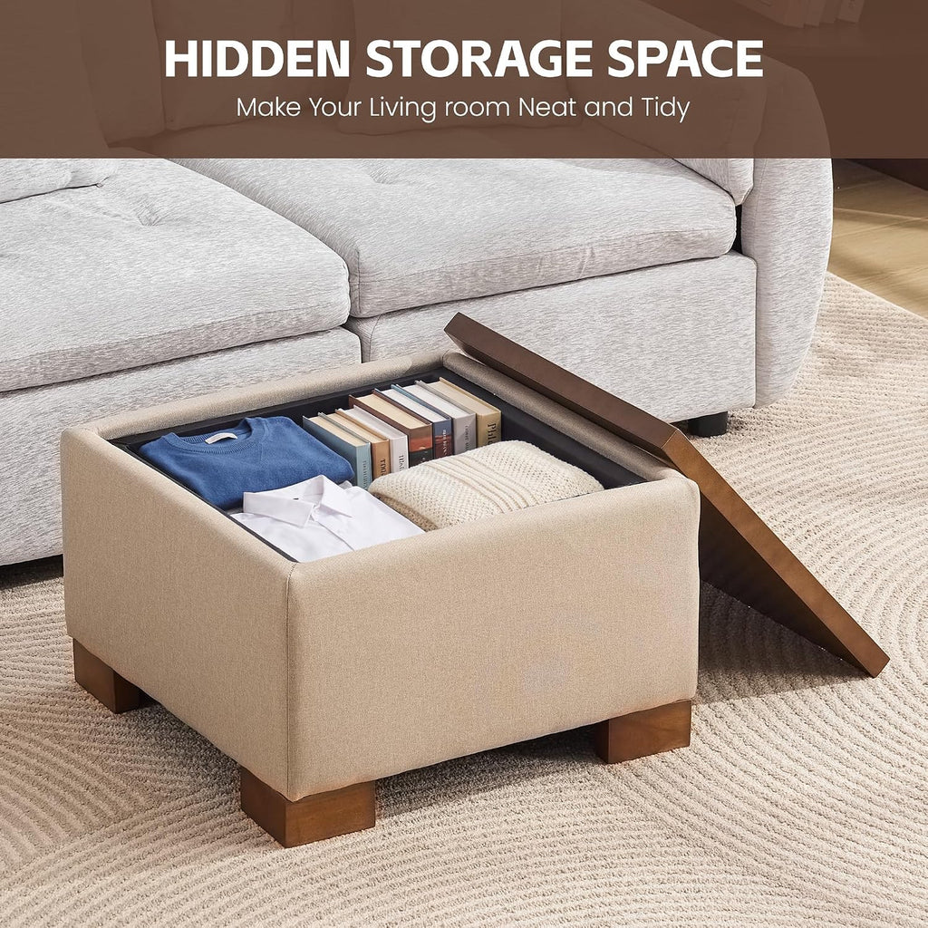 WUTUTUEE 24' Square Ottoman Coffee Table with Storage, Fabric Ottomans with Tray and Solid Wood Legs for Living Room, Bedroom and Apartments, Small Modern Ottoman Tea Table with Lift-Off Lid, Khaki