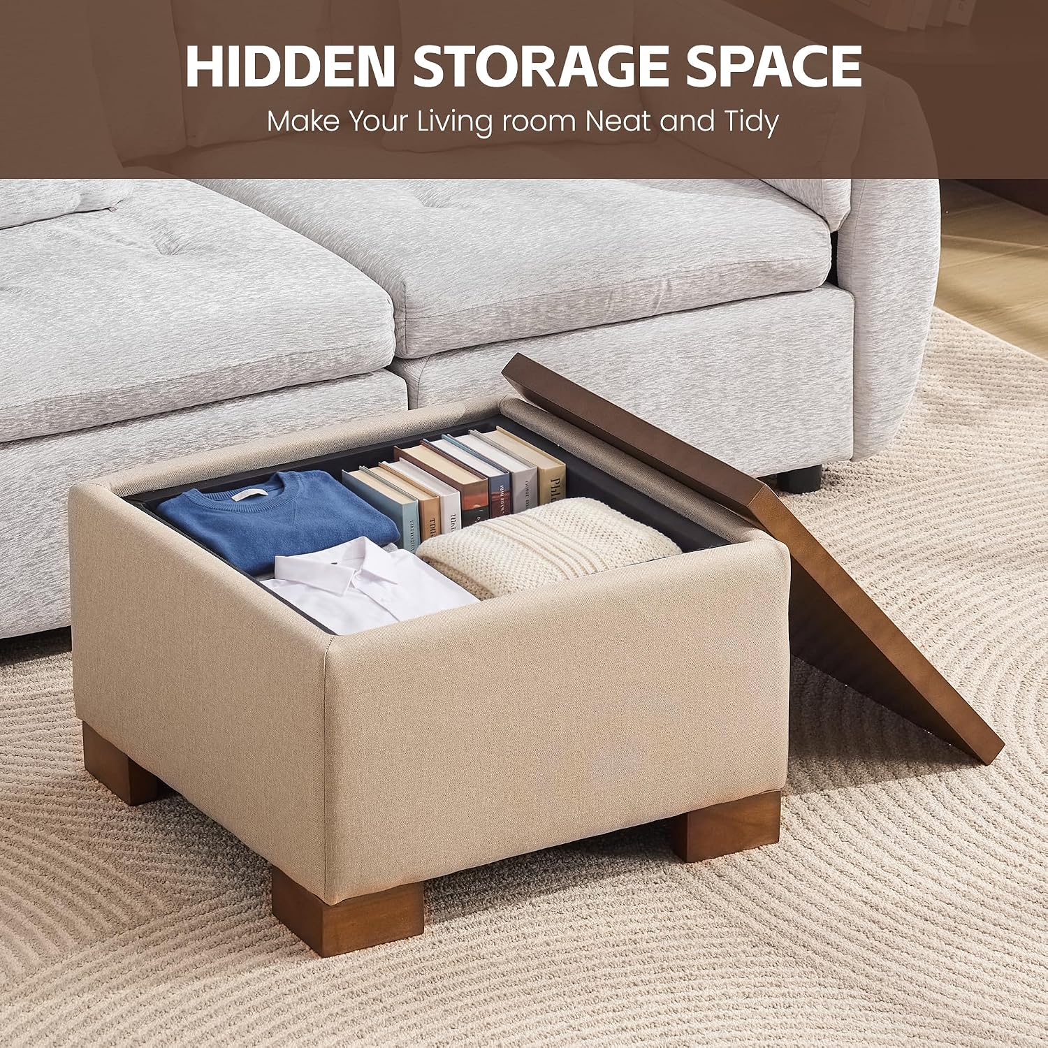 WUTUTUEE 24' Square Ottoman Coffee Table with Storage, Fabric Ottomans with Tray and Solid Wood Legs for Living Room, Bedroom and Apartments, Small Modern Ottoman Tea Table with Lift-Off Lid, Khaki
