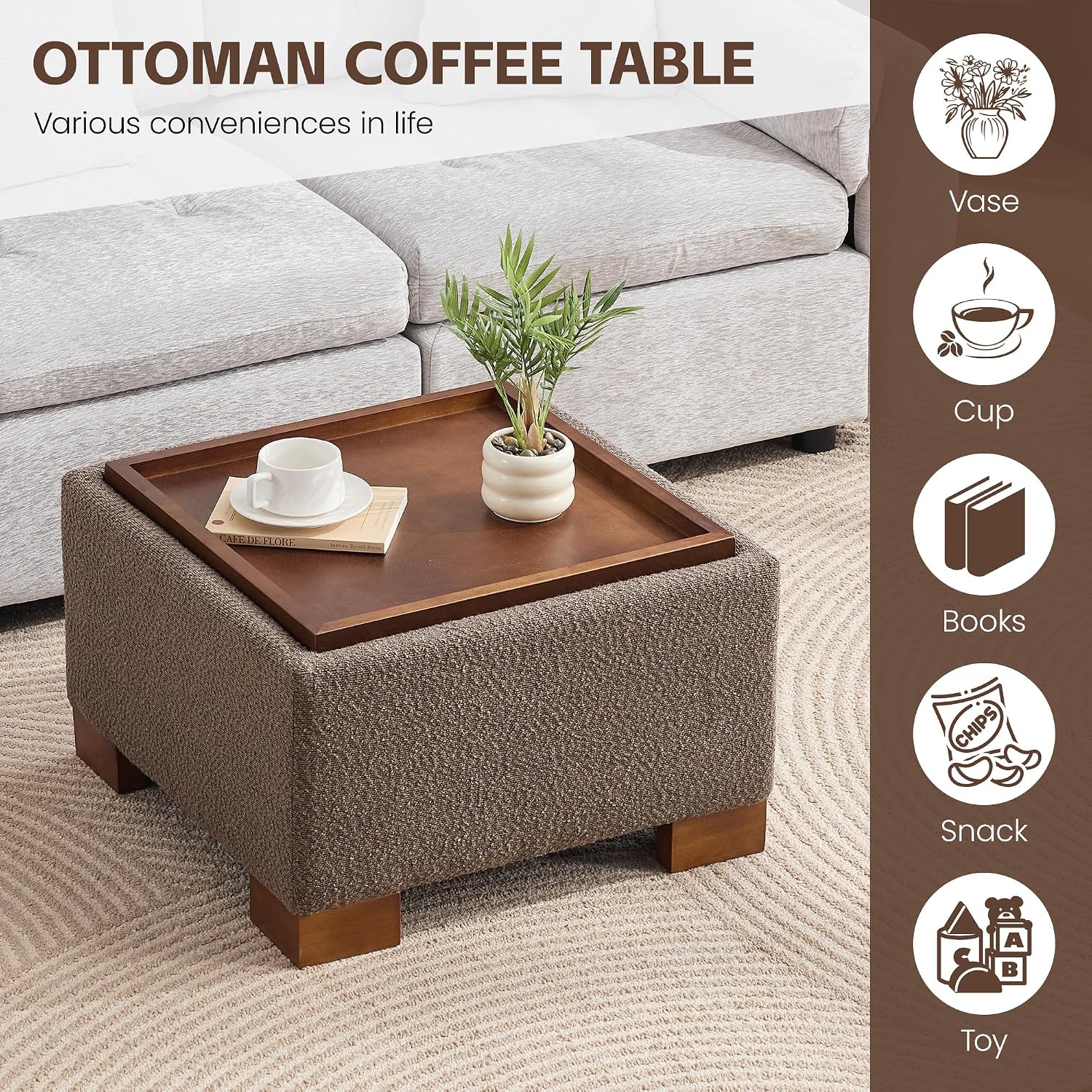 WUTUTUEE 24' Square Ottoman Coffee Table with Storage, Boucle Ottomans with Tray and Solid Wood Legs for Living Room, Bedroom and Apartments, Small Modern Ottoman Tea Table with Lift-Off Lid, Brown