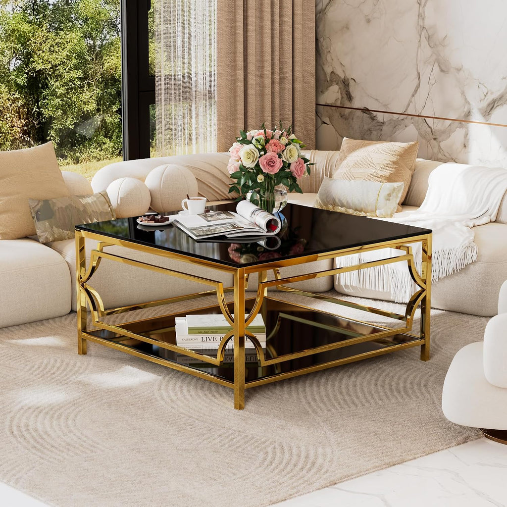 Flieks Square Glass Coffee Table in 33.5',Luxurious Geometric Metal Frame,Gold Finish & Lower Shelf