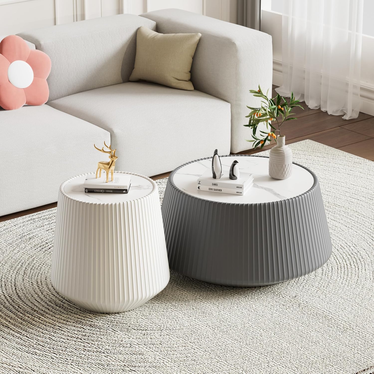 Round Coffee Table Set with Sintered Stone Tabletop, 26.77' Grey Drum Center Table and 19.68' White Coffee Table Set, 2 Pieces Living Room Table Set with Fluted PU Leather Cover& Stable Base