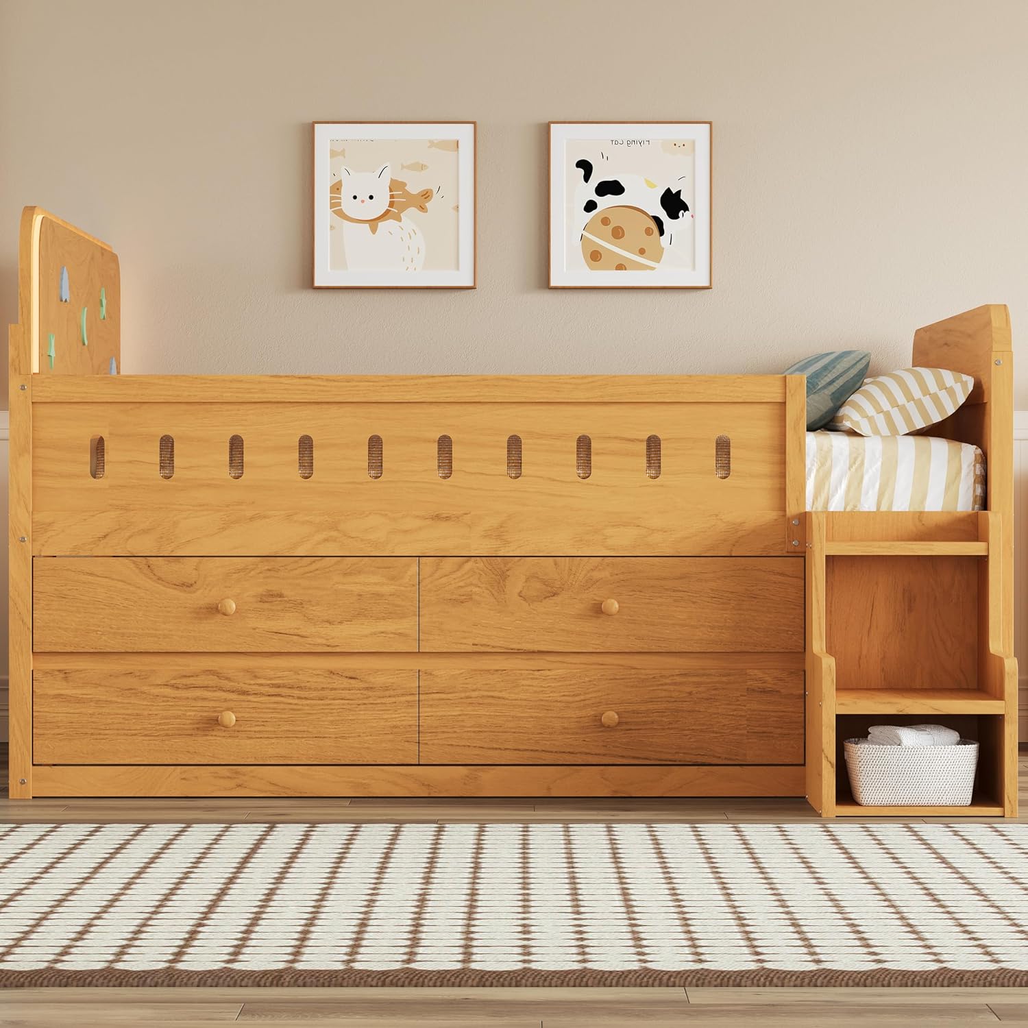 SOFTSEA Full Size Platform Bed with Storage Drawers, Solid Wood Daybed Frame with Stairs, Storage Shelves and LED Lights, Space-Saving Bed with Drawers for Bedroom, Living Room, Wood