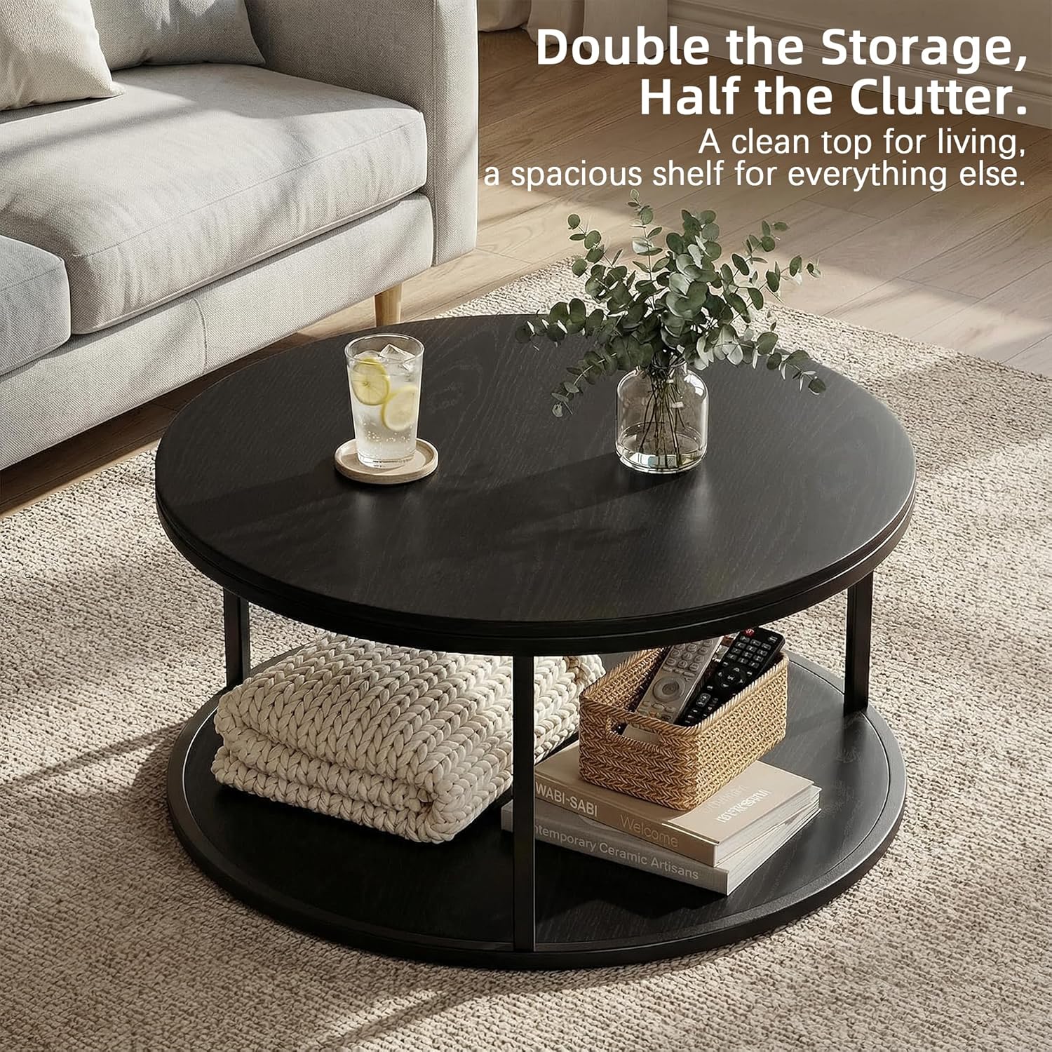 YESHOMY 36' Round Coffee Table, 2-Tier Wood Center Table with Storage Shelf, Heavy-Duty Metal Frame, Easy Assembly, Ideal for Living Room & Small Spaces, Black