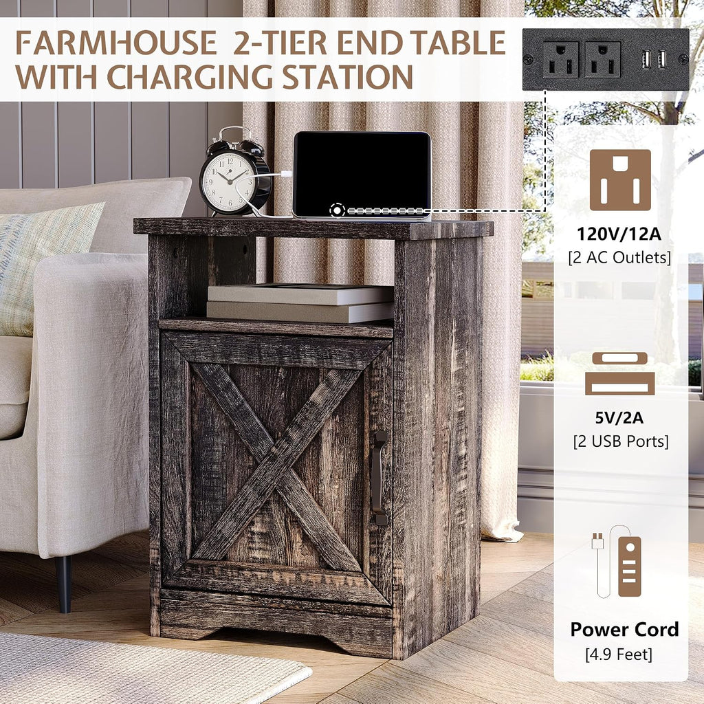 LUXOAK 3-Piece Farmhouse Living Room Table Sets, Includes 1 x Coffee Table, 2 x End Tables with Charging Station & USB Ports, Rustic Coffee Table Set of 3, Black Oak