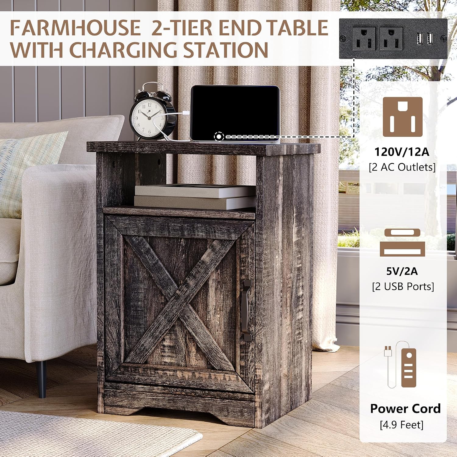 LUXOAK 3-Piece Farmhouse Living Room Table Sets, Includes 1 x Coffee Table, 2 x End Tables with Charging Station & USB Ports, Rustic Coffee Table Set of 3, Black Oak