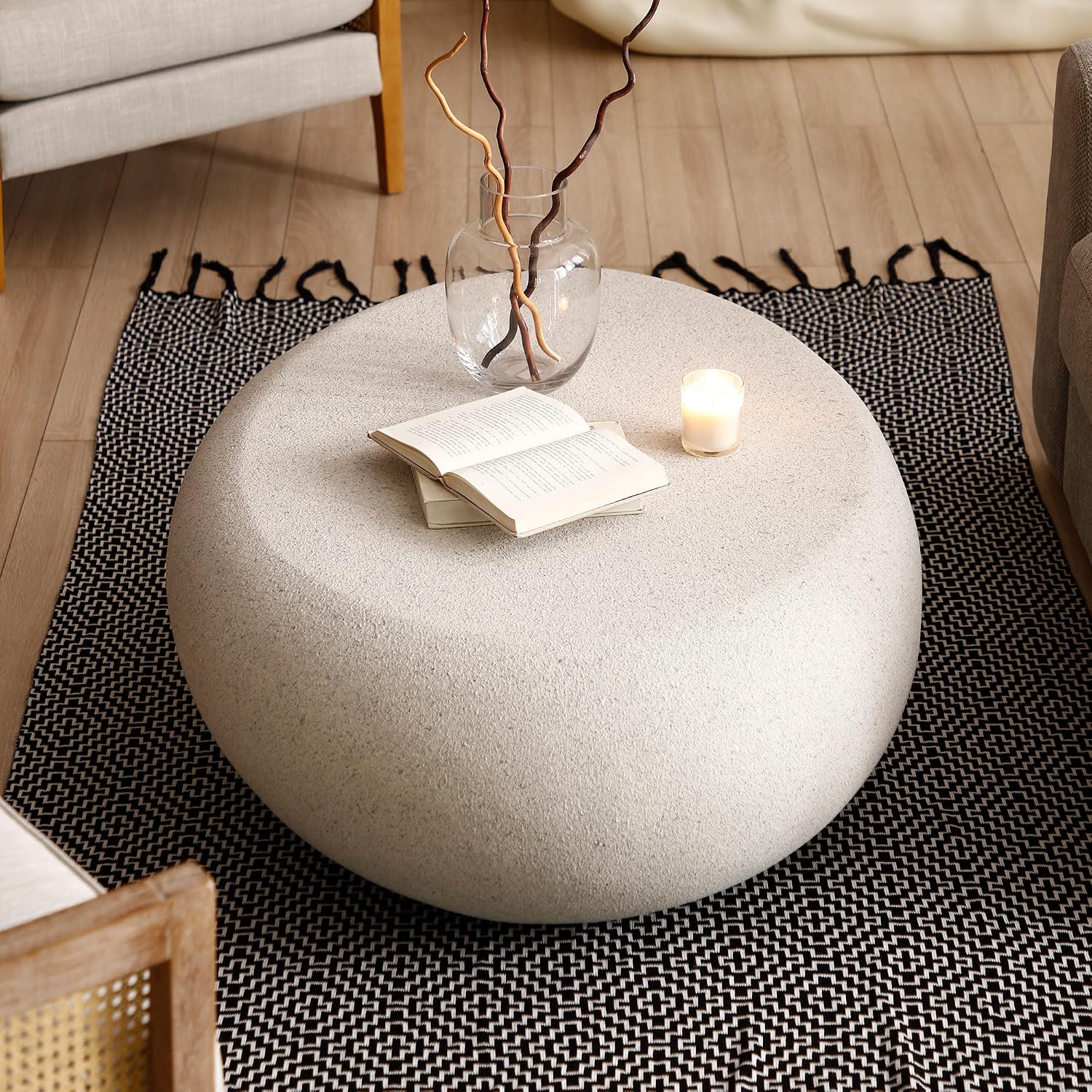 43.3' Fiberglass Elliptical Oval Vintage Coffee Table for Living Room,Irregular Center Matte Rocks Table Front of The Sofa,No Need Assembly,Cream White