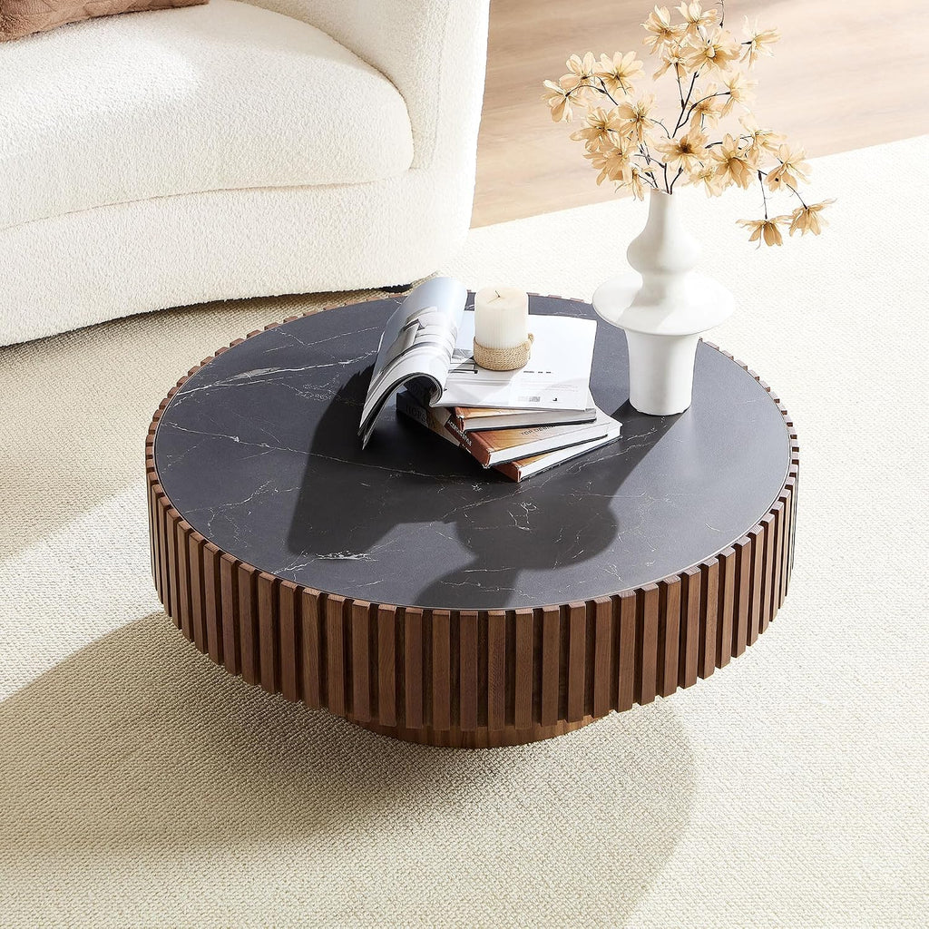 35.43'' Sintered Stone Coffee Table Black Modern Round Coffee Table for Living Room, Contemporary Circle Fluted Drum Pedestal Style, Easy Assembly, Walnut