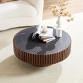 35.43'' Sintered Stone Coffee Table Black Modern Round Coffee Table for Living Room, Contemporary Circle Fluted Drum Pedestal Style, Easy Assembly, Walnut