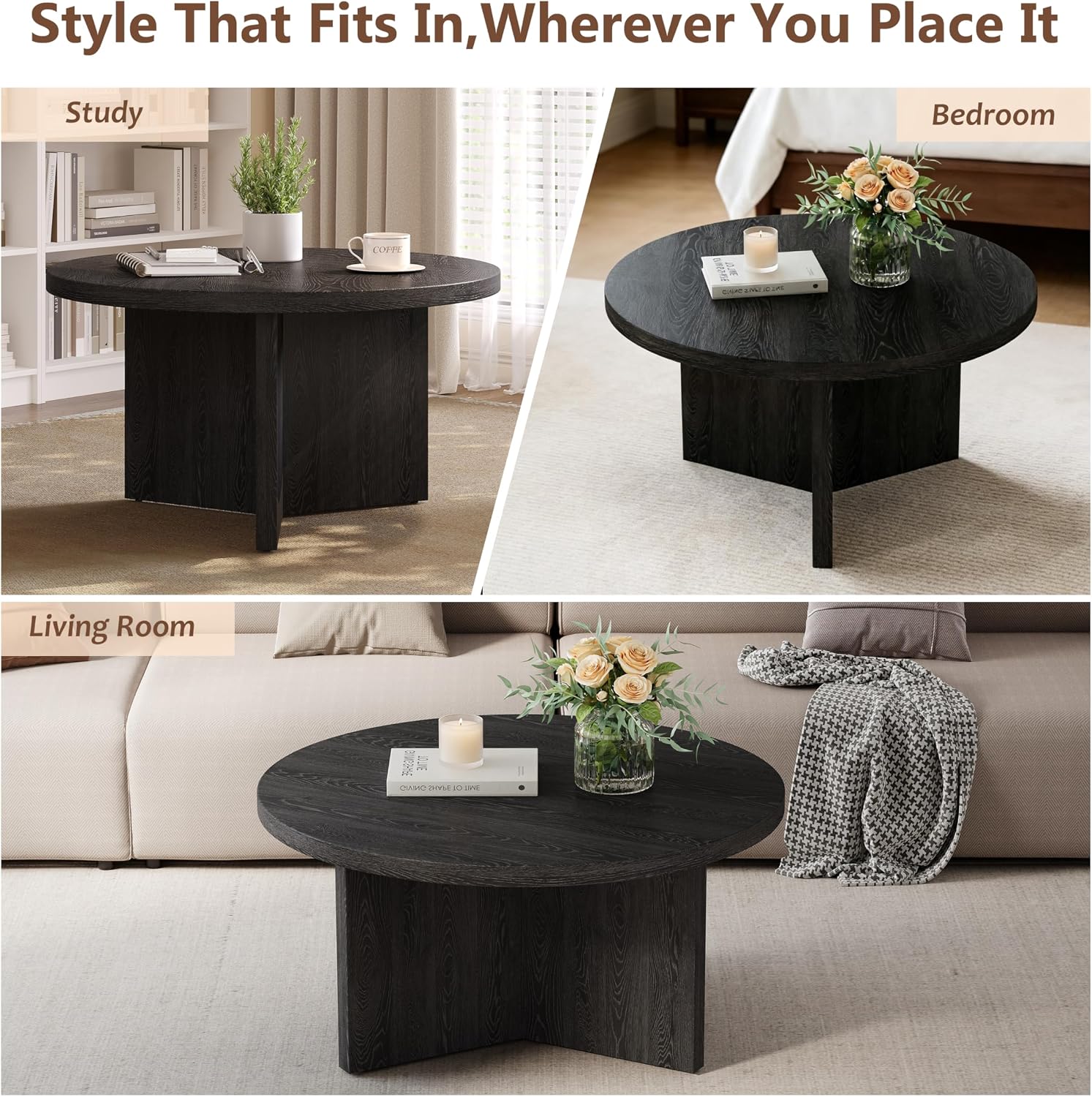 Luoxiao 31.5' Black Round Coffee Table Modern Circle Center Table for Living Room, Space-Saving Wood Accent Table for Apartments, Study, with Adjustable Feet Pads, Easy Assembly