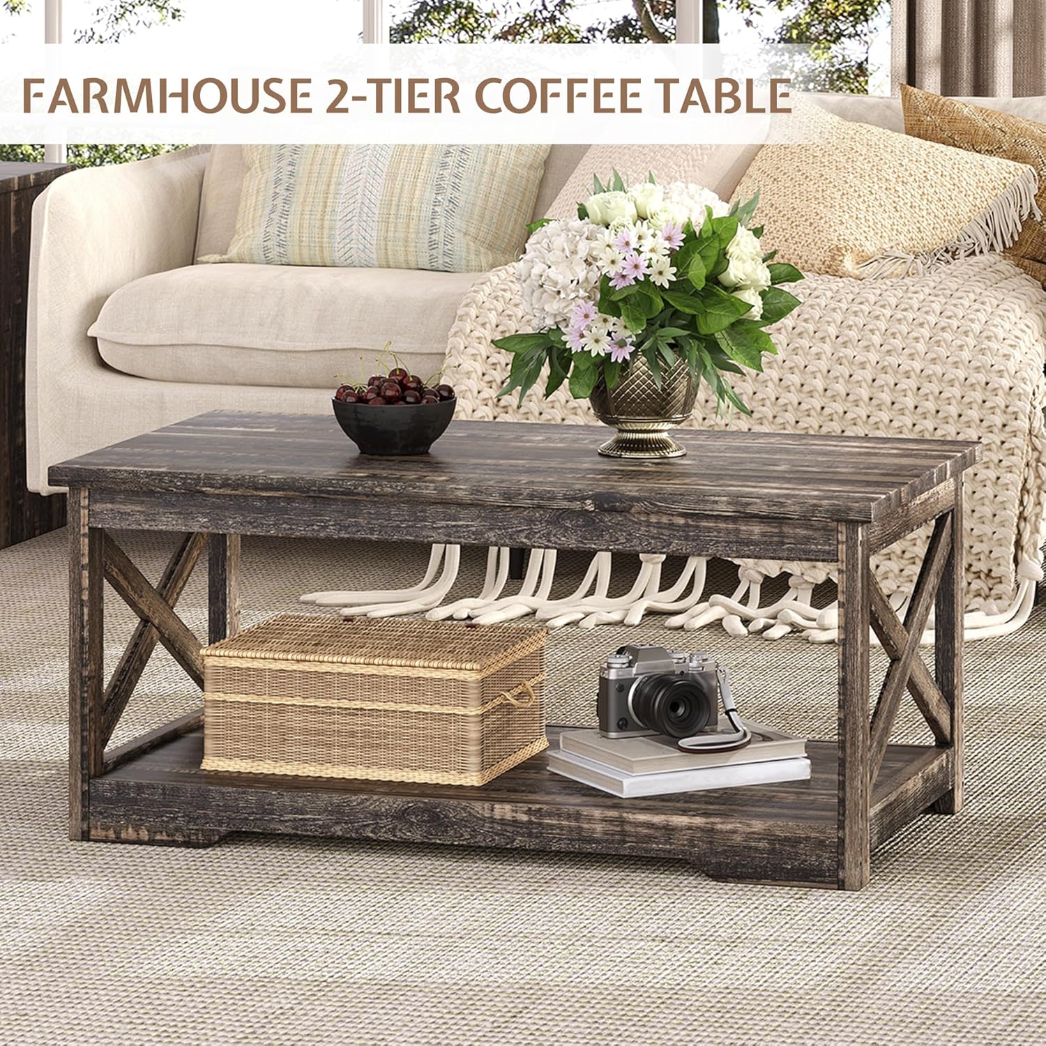 LUXOAK 3-Piece Farmhouse Living Room Table Sets, Includes 1 x Coffee Table, 2 x End Tables with Charging Station & USB Ports, Rustic Coffee Table Set of 3, Black Oak