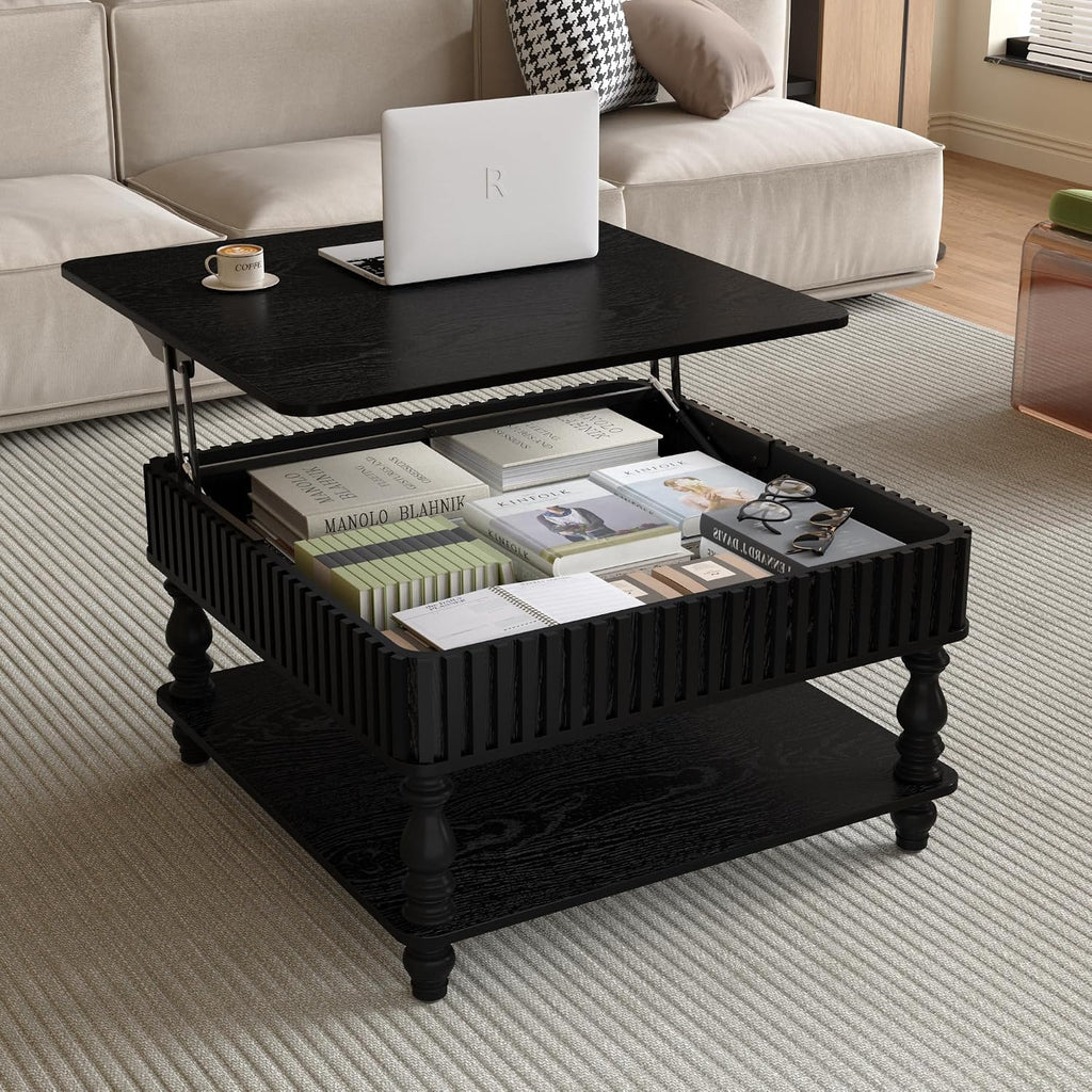 HARR Lift Top Square Coffee Table with Storage, 31.5'' Sofa Side End Table, Fluted Design Hydraulic Raising Mechanism, Hidden Compartment & Open Shelf, Retro Solid Wood Legs for Living Room, Black