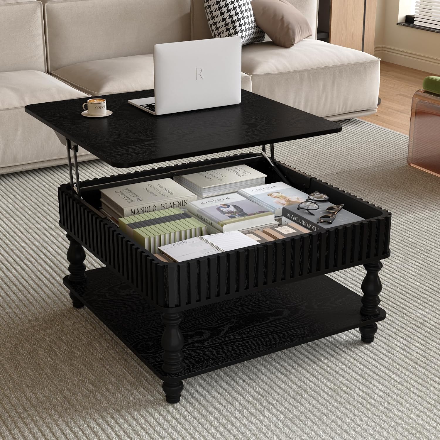 HARR Lift Top Square Coffee Table with Storage, 31.5'' Sofa Side End Table, Fluted Design Hydraulic Raising Mechanism, Hidden Compartment & Open Shelf, Retro Solid Wood Legs for Living Room, Black