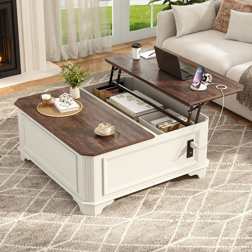 St.Mandyu 40 Inch Farmhouse Lift Top Coffee Table with Charging Station & Hidden Storage - Square Center Table with Lifting Top, Large Storage Cabinet for Living Room, Bedroom, Home Office, White