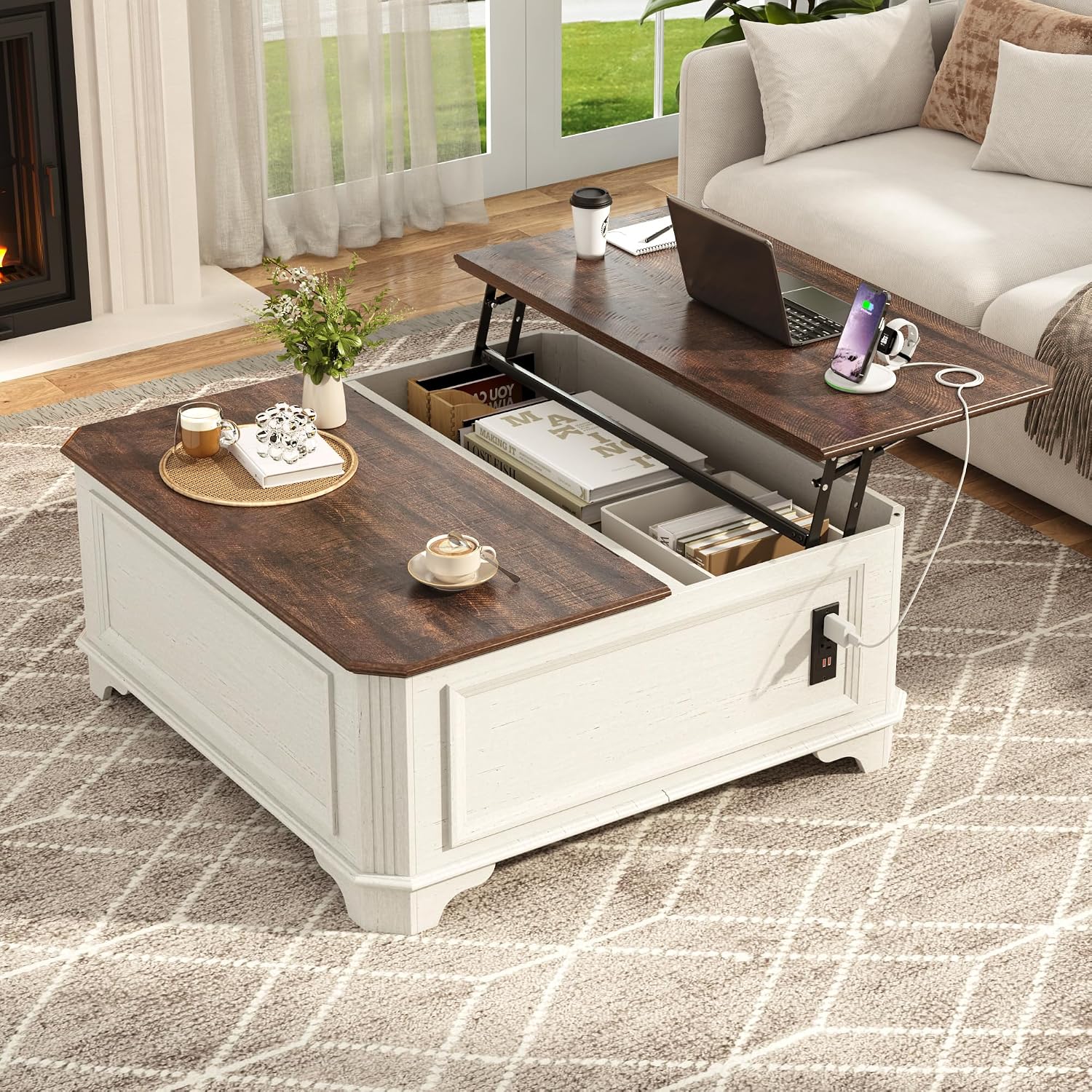 St.Mandyu 40 Inch Farmhouse Lift Top Coffee Table with Charging Station & Hidden Storage - Square Center Table with Lifting Top, Large Storage Cabinet for Living Room, Bedroom, Home Office, White