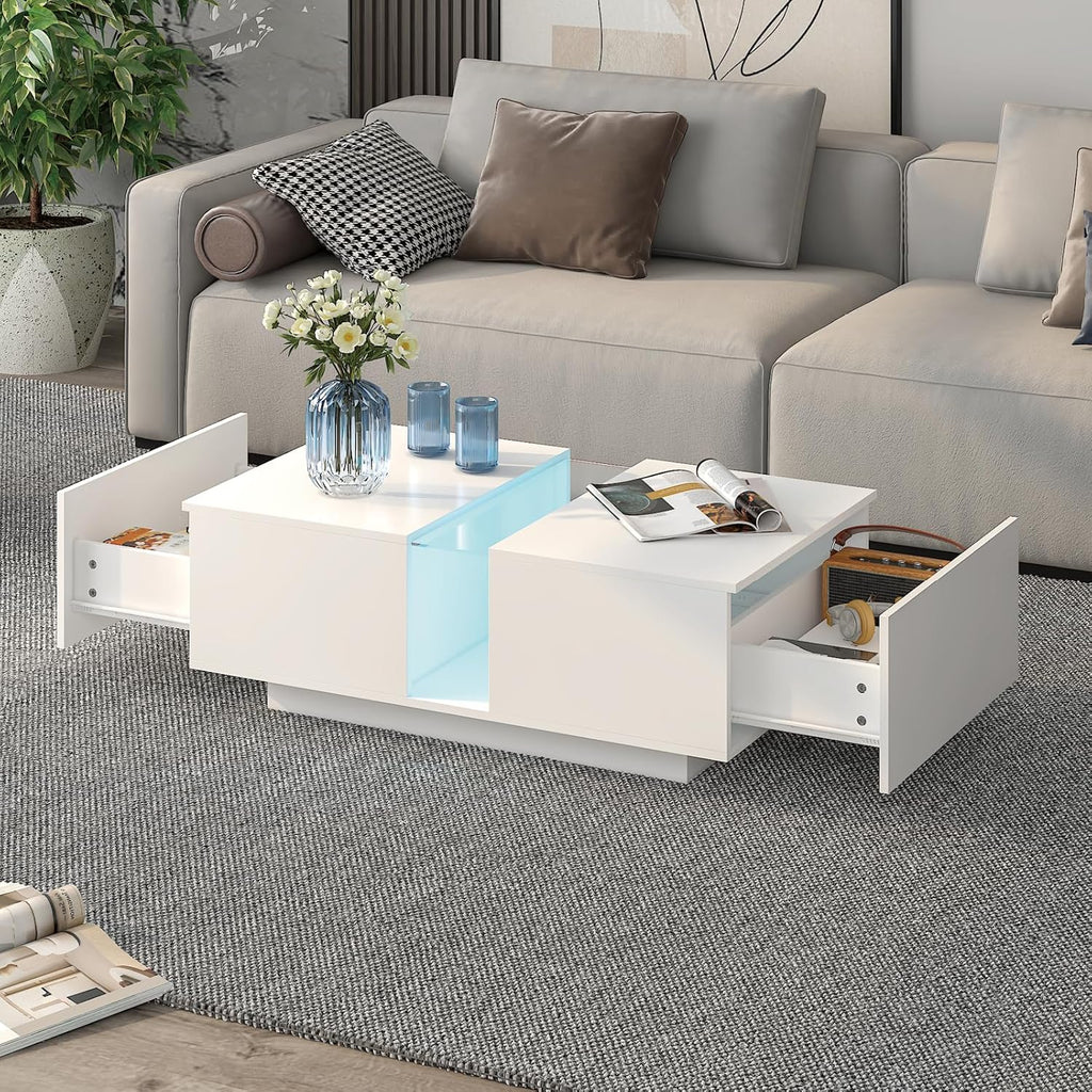 HedoAjim White Led Coffee Table for Living Room, Rectangular Living Room Table with Storage, Acrylic Coffee Tables with 2 Sliding Drawers, Wood Center Table for Reception Dinning Room