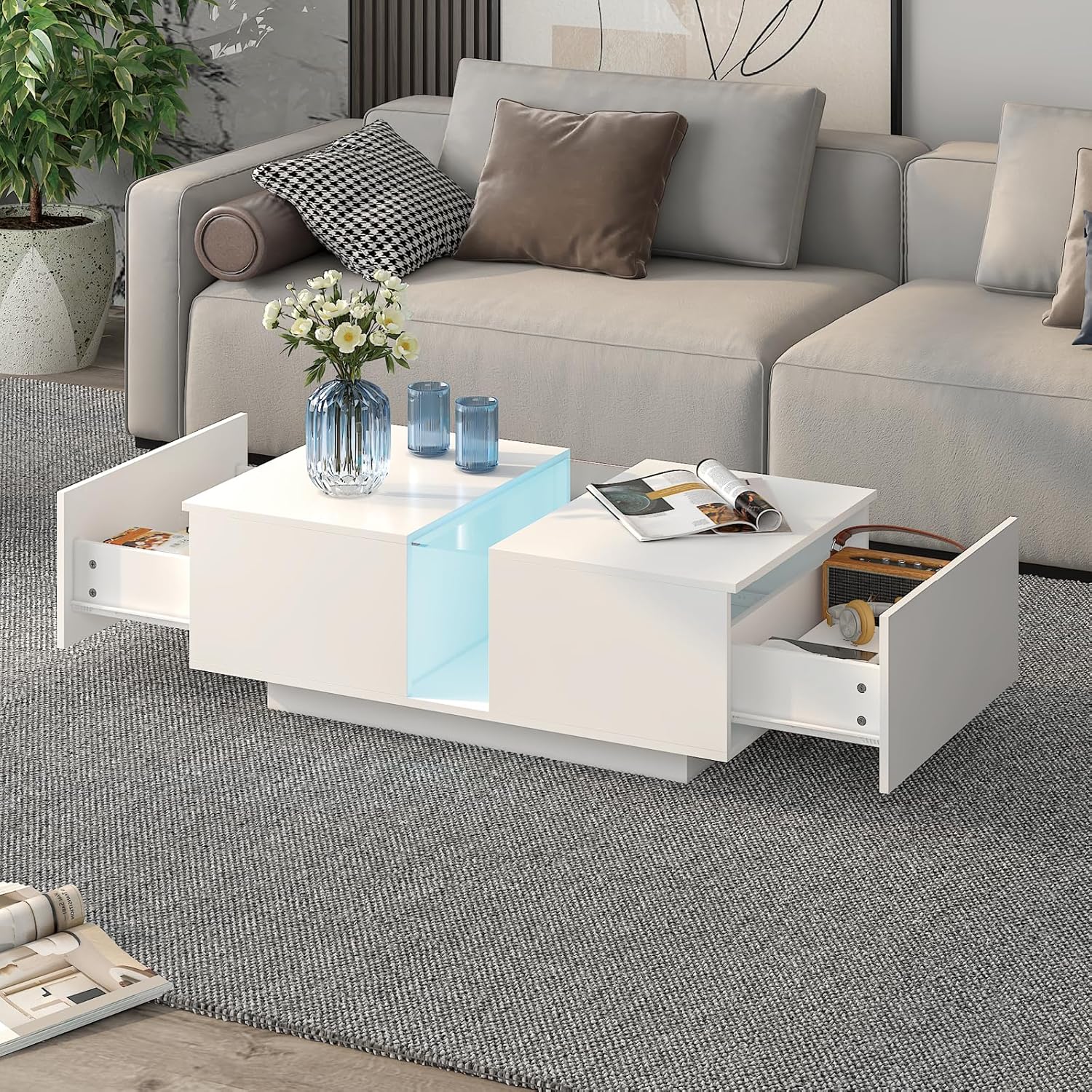 HedoAjim White Led Coffee Table for Living Room, Rectangular Living Room Table with Storage, Acrylic Coffee Tables with 2 Sliding Drawers, Wood Center Table for Reception Dinning Room