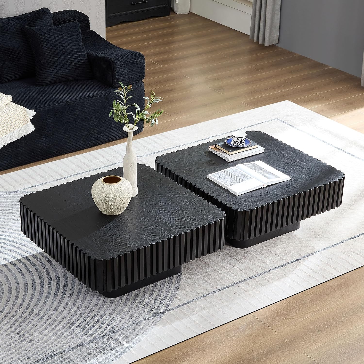 JUSTONE 35-inch Mid-Century Modern Drum Coffee Table, Handcrafted Wood Round Center Table for Living Room, Home Office, Black