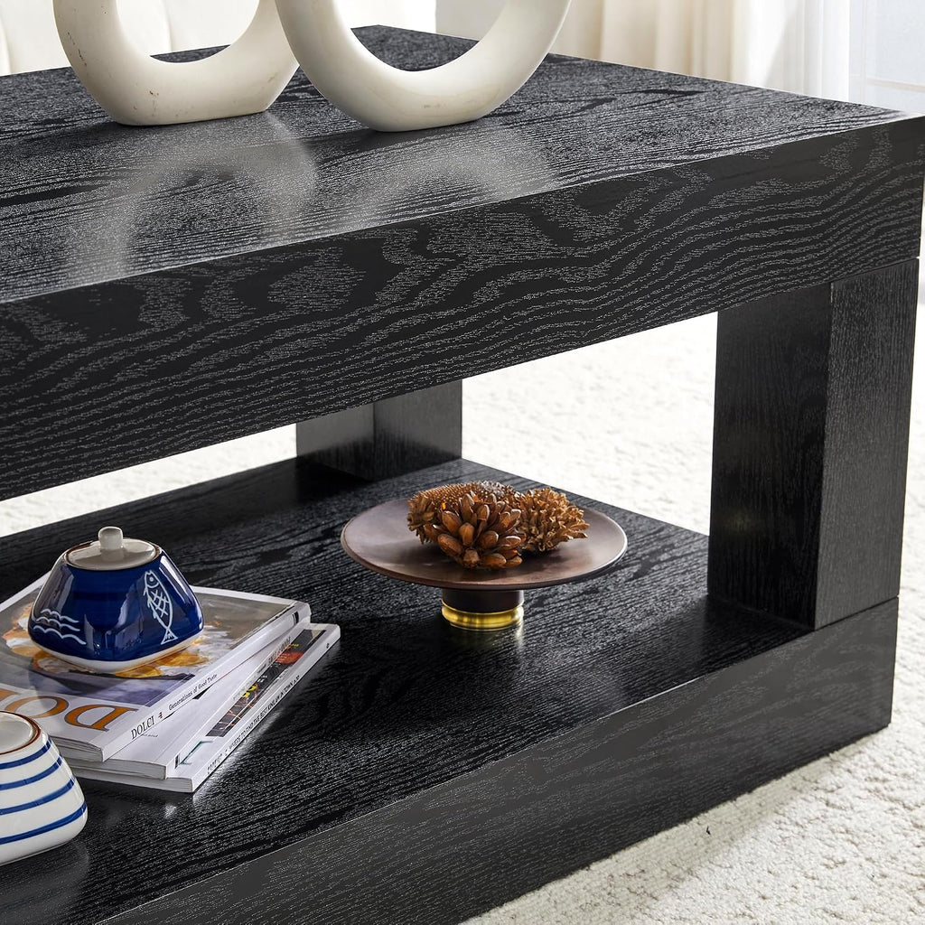 39.4' Black Coffee Table with Storage, 2-Tier Wood Coffee Table with 4' Thick Tabletop, Mid Century Modern Cocktail Center Tea Tables with Bottom Shelf for Living Room, Office, Apartment