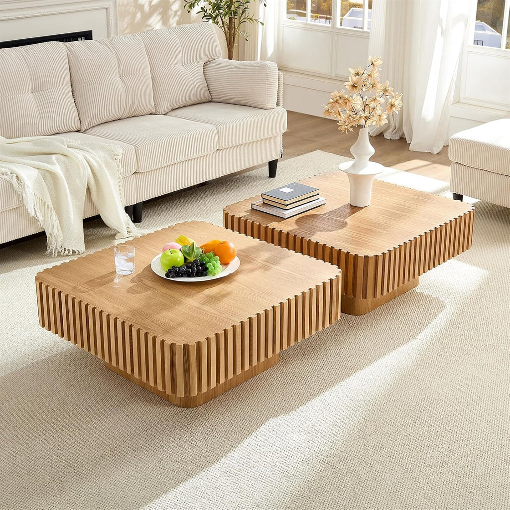 LKTART Square Coffee Table for Living Room, Accent Fluted Coffee Table with Storage, Modern Solid Wood Veneered Large Center Tea Table for Small Space Apartment (35.4''D×16''H-Natural)