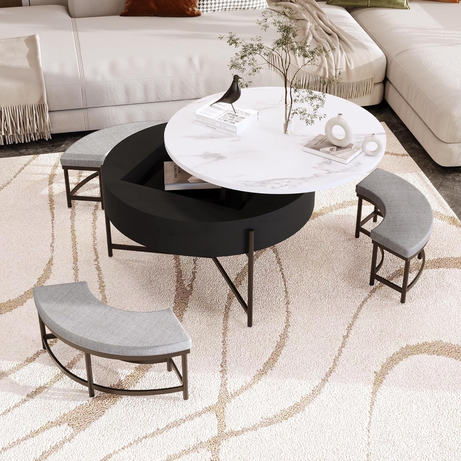 Modern Round Lift-Top Coffee Table with Storage & 3 Ottoman for Living Room White & Black