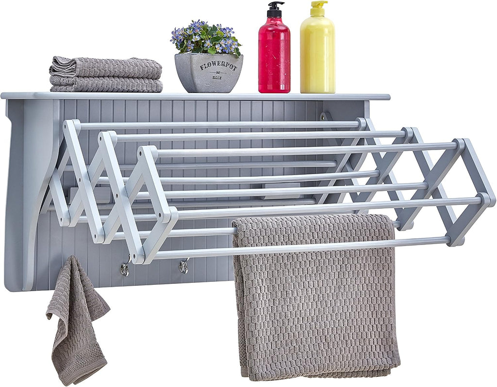 Danya B. Wall Mount Retractable Accordion Drying Rack–Great for Bathroom or Laundry Room –Light Gray