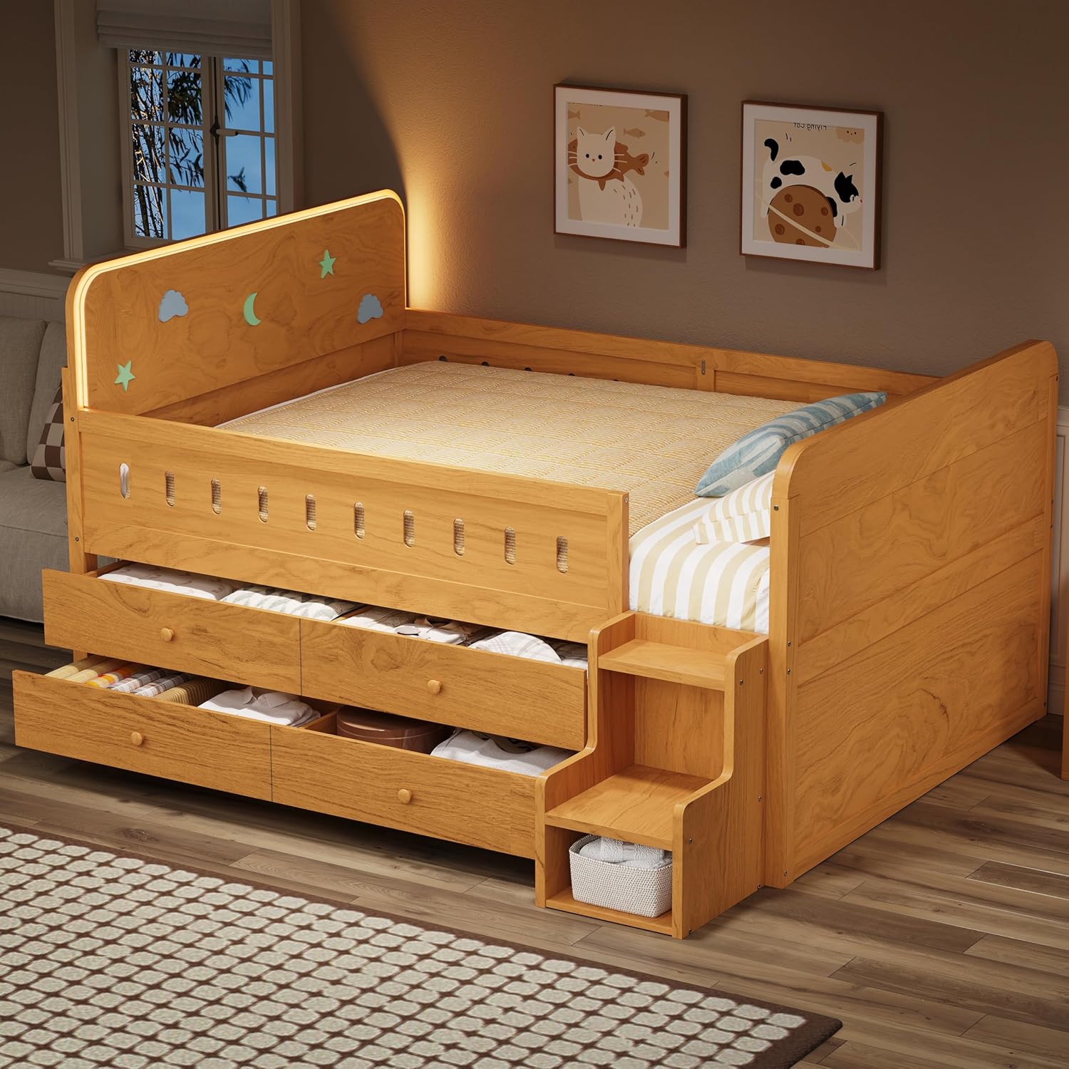SOFTSEA Full Size Platform Bed with Storage Drawers, Solid Wood Daybed Frame with Stairs, Storage Shelves and LED Lights, Space-Saving Bed with Drawers for Bedroom, Living Room, Wood
