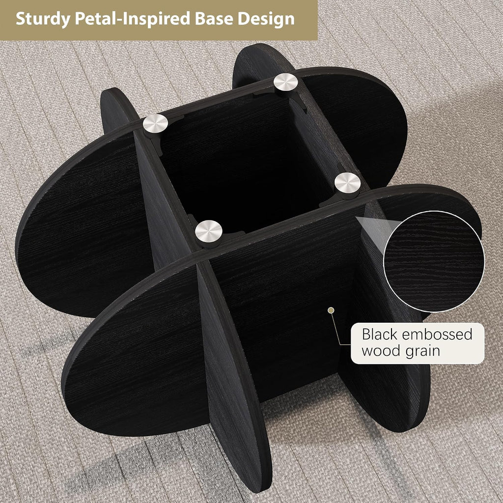 Glass Coffee Table, Round Coffee Table with Petal-Inspired Base, Modern Minimalist Coffee Table for Decoration, Black Coffee Tables for Living Room, Study Room, Office