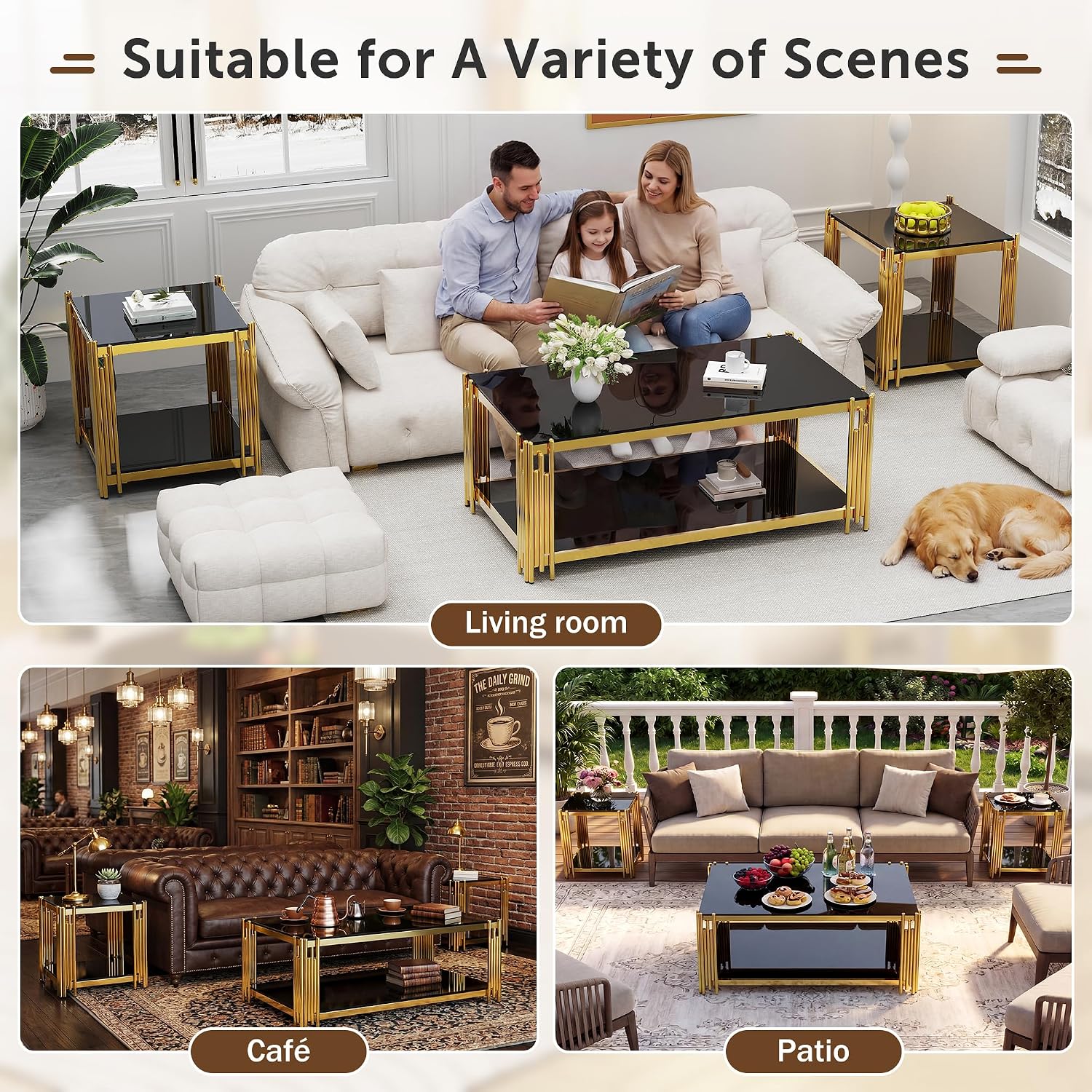 Glass Coffee Table Set of 3, End Table Modern Living Room Table Rectangle Clear Tempered Glass Stainless Steel Leg, Square Side Table for Home Furniture Set (Black, 43' Set of 3)