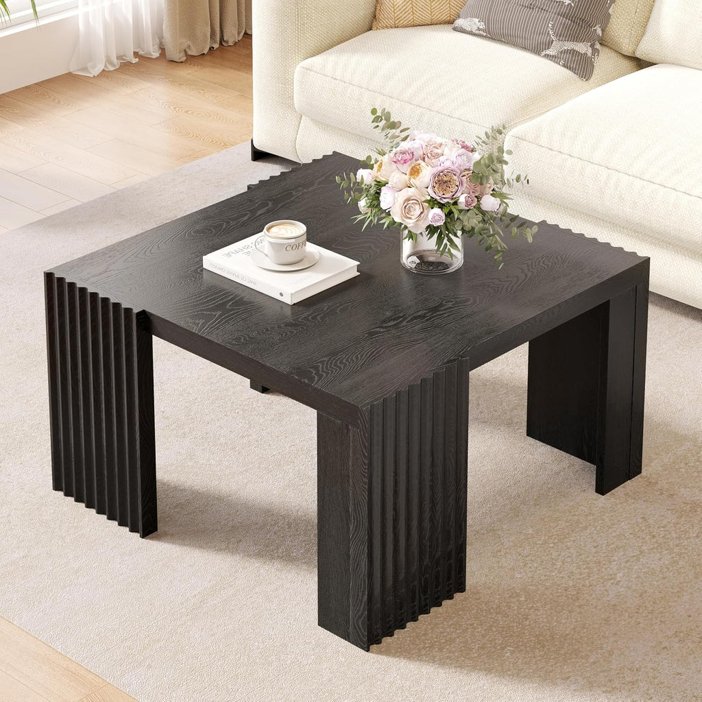Luoxiao Black Square Fluted Coffee Table for Living Room, Minimalist Modern Accent Center Cocktail Table with 4 Sturdy Legs Wood Living Room Table for Small Space, 27.5-Inch, Easy Assembly