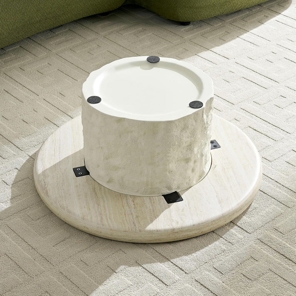 JUSTONE 35.04''Inch Faux Mars Textural Round Coffee Table, No Assembly Required, Beige Accent Table for Living Room & Apartment