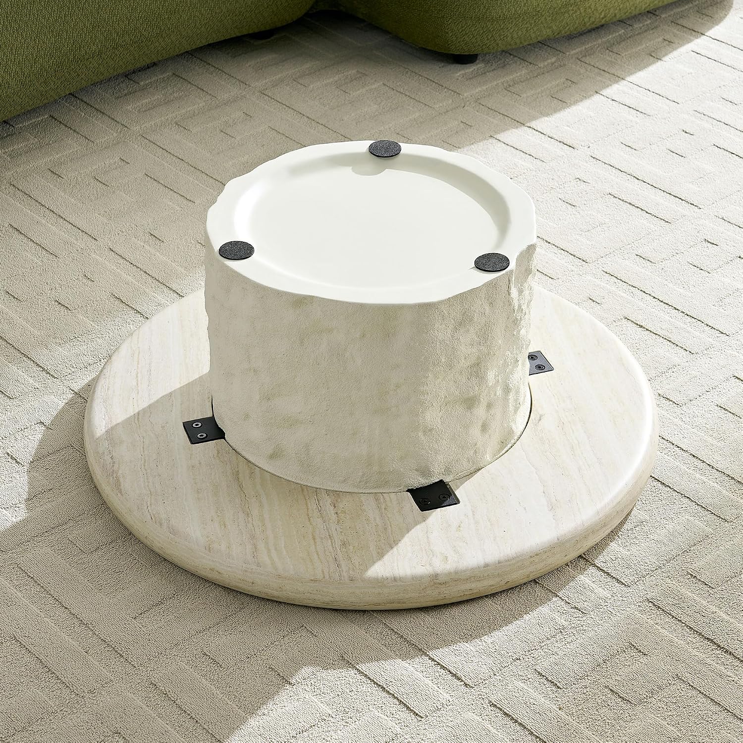 JUSTONE 35.04''Inch Faux Mars Textural Round Coffee Table, No Assembly Required, Beige Accent Table for Living Room & Apartment