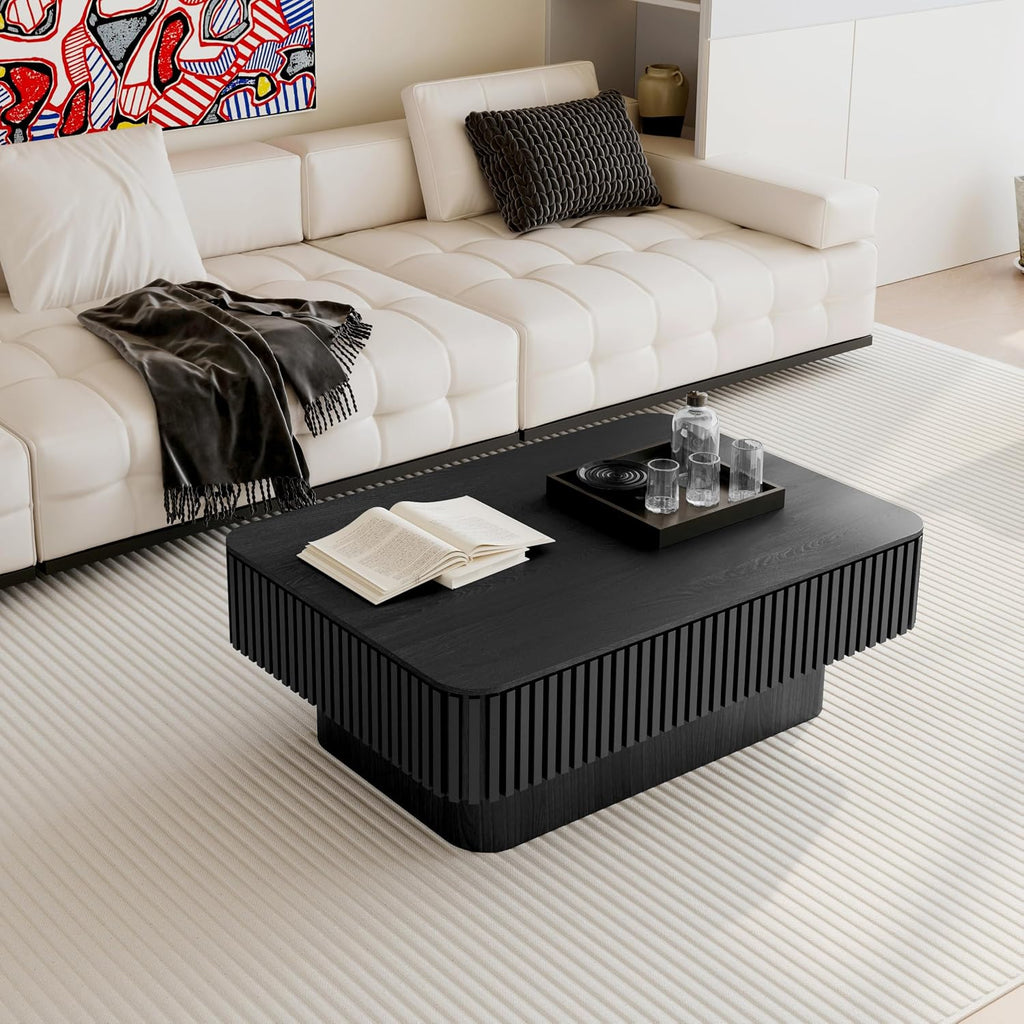 Lift Top Coffee Table with Storage, Solid Wood Coffee Table with Adjustable Height, Fluted Center Table Accent Tea Table for Living Room, Apartment, Office (38.6' Black)