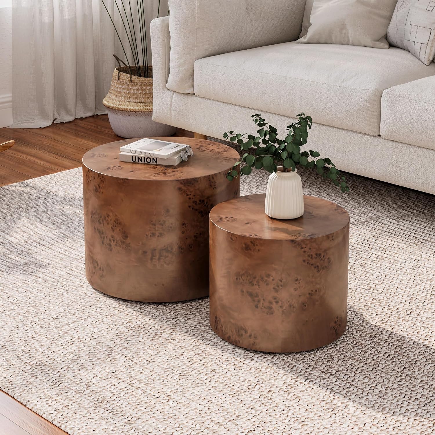 WILLIAMSPACE 18.9' Round Nesting Coffee Table Set of 2, Modern Wooden Coffee Tables Small Circle Center Table for Living Room, Accent End Table Set, No Assembling (Brown Burl)