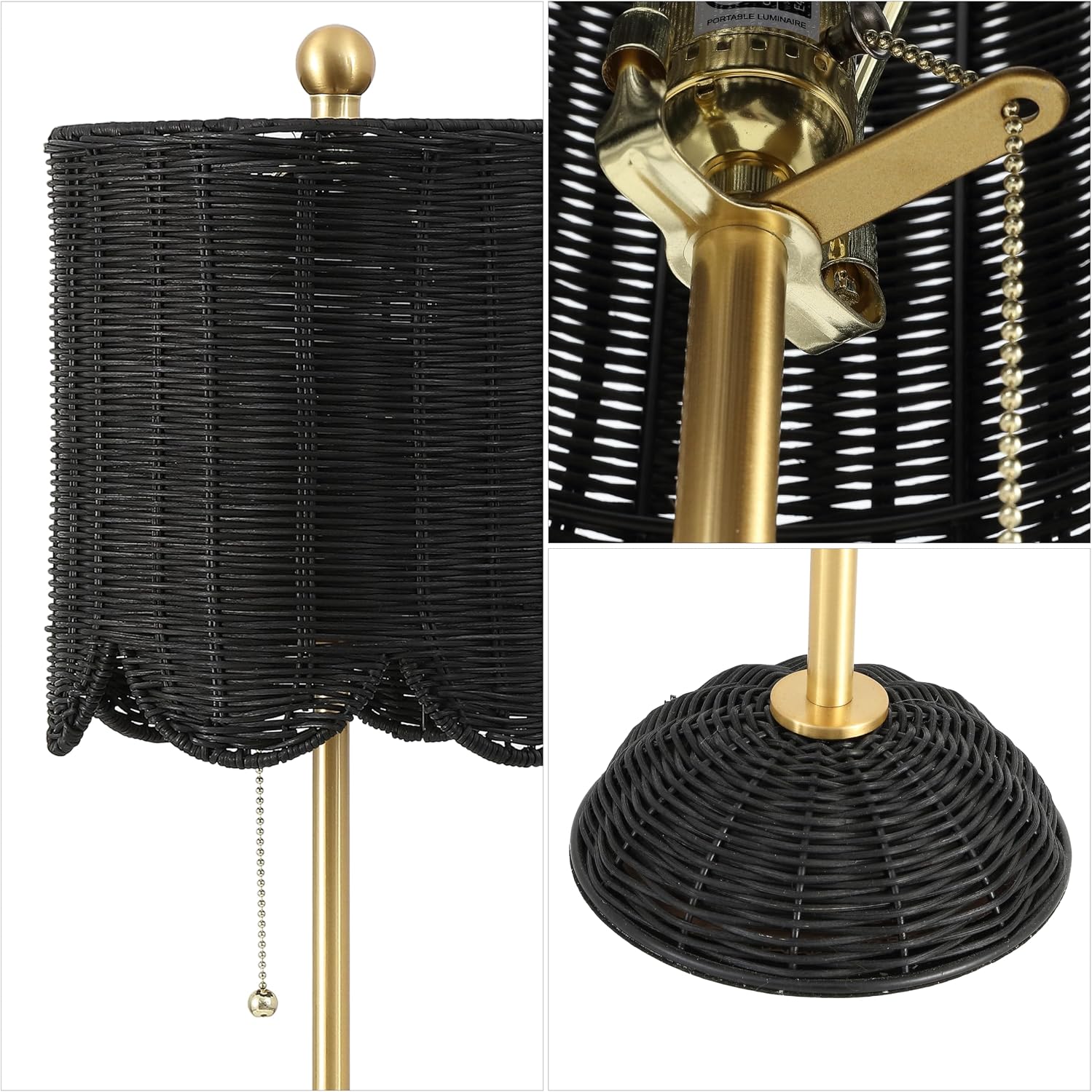 JONATHAN Y 27.5' Black/Brass Gold Coastal Buffet Table Lamp Set of 2 for Bedroom, Boho Table Lamps with Natural Rattan Scalloped Shade, Pull Chain, LED Bulbs Included (JYL1138C-SET2)