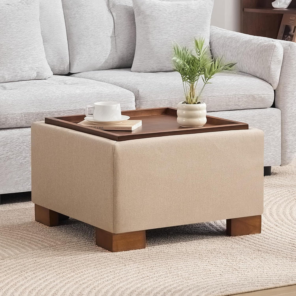 WUTUTUEE 24' Square Ottoman Coffee Table with Storage, Fabric Ottomans with Tray and Solid Wood Legs for Living Room, Bedroom and Apartments, Small Modern Ottoman Tea Table with Lift-Off Lid, Khaki