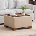WUTUTUEE 24' Square Ottoman Coffee Table with Storage, Fabric Ottomans with Tray and Solid Wood Legs for Living Room, Bedroom and Apartments, Small Modern Ottoman Tea Table with Lift-Off Lid, Khaki