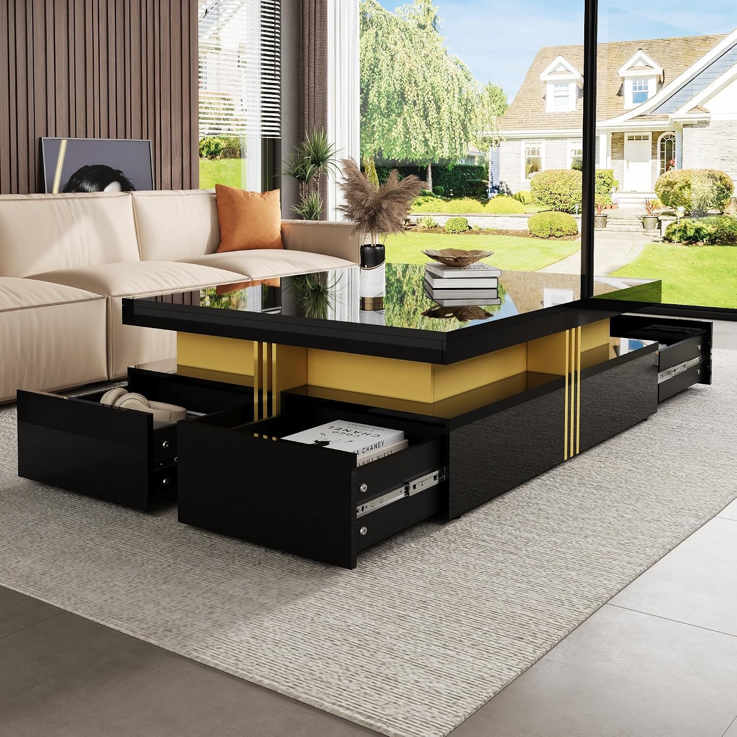 Merax 43.3' Modern Glossy Square Storage Coffee Table with 4 Drawers, Gold Accents, Functional Center Tables for Living Room Apartment, Glossy Black