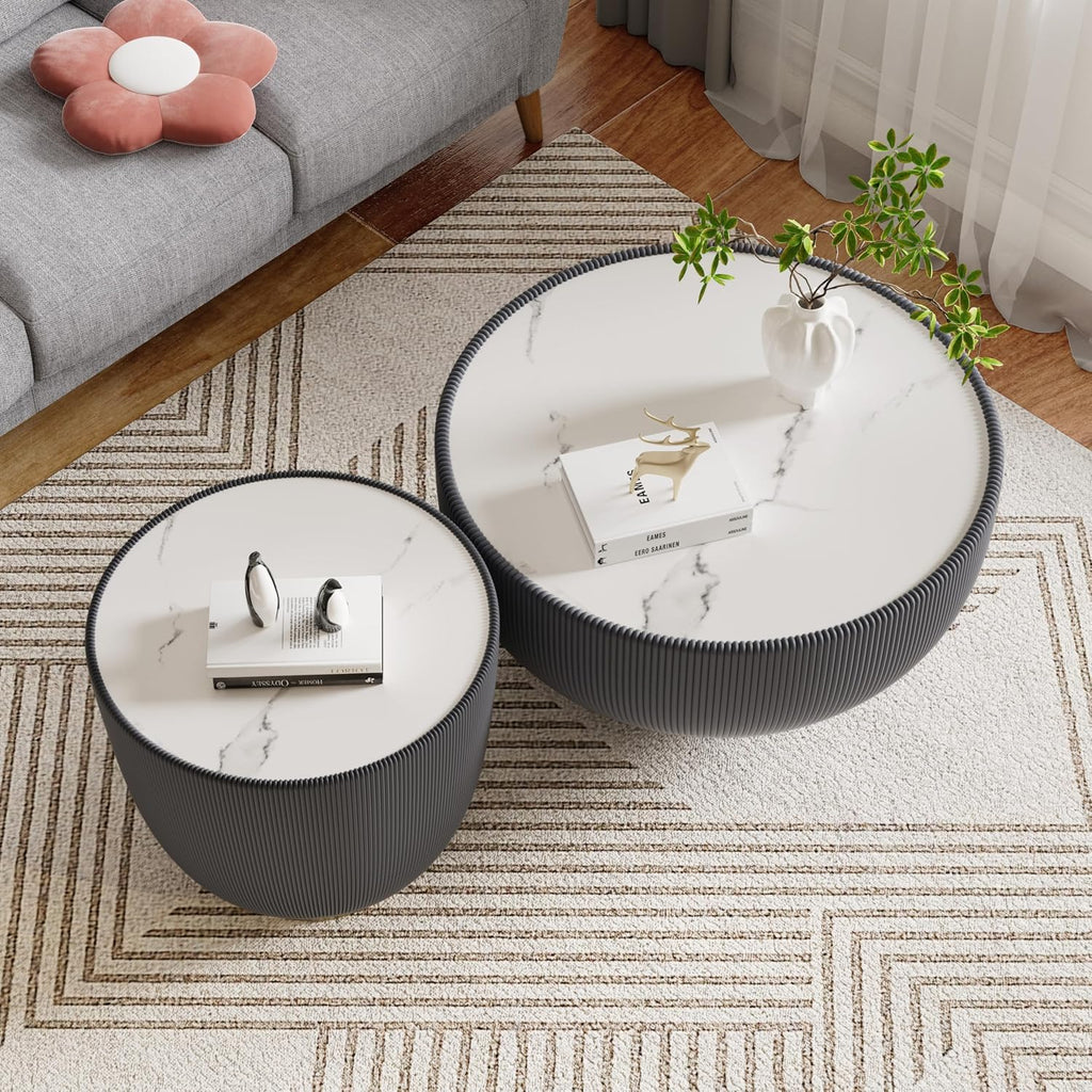 Round Coffee Table Set with Sintered Stone Tabletop, 27.56' Grey Drum Center Table and 19.69' Black Coffee Table Set, 2 Pieces Living Room Table Set with Fluted PU Leather Cover& Metal Base