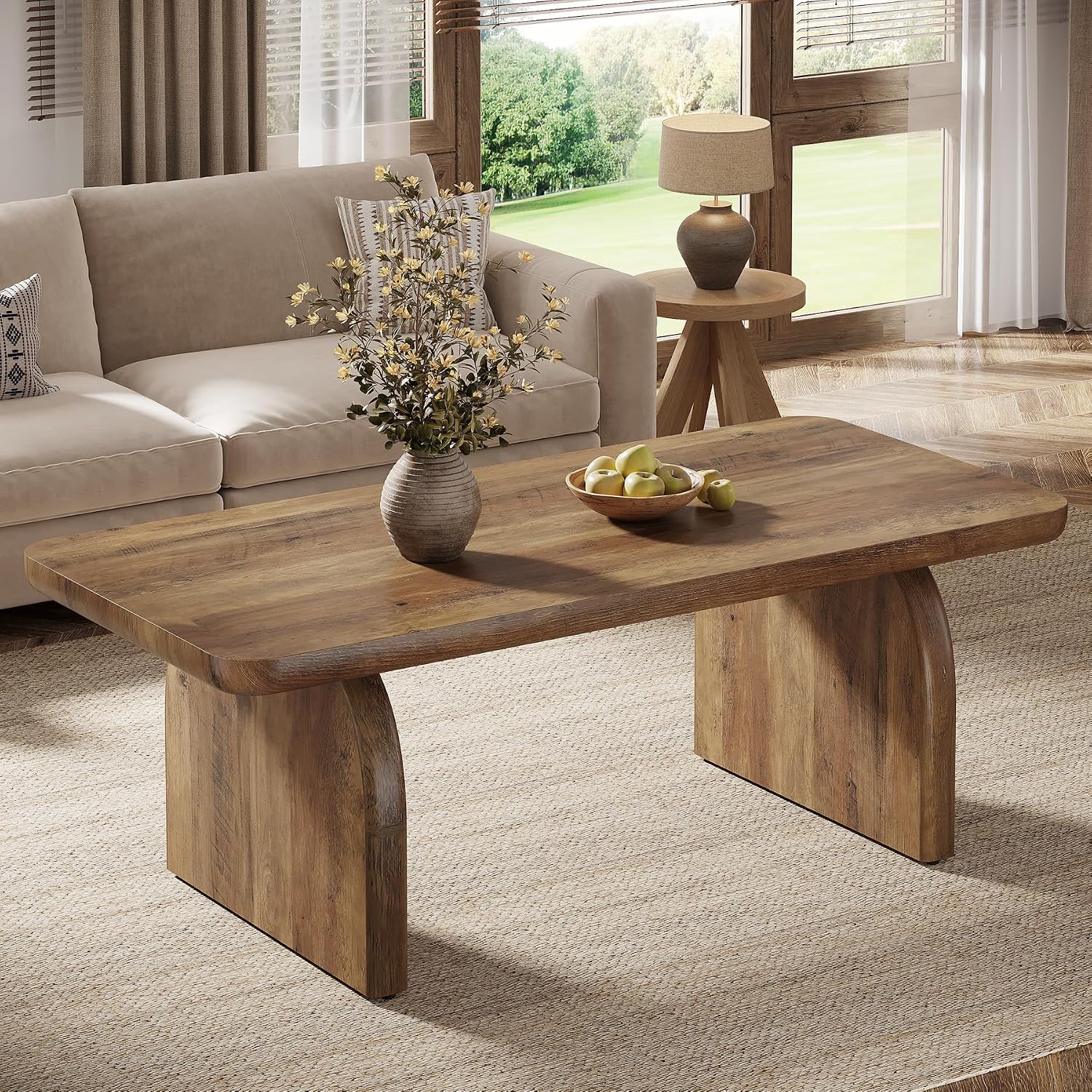Tribesigns Coffee Table for Living Room, 47-Inch Farmhouse Rectangule Center Table with Rounded Corners, Mid-Century Modern Low Large Cocktail Tea Furniture, Easy Assembly (Rustic Brown)